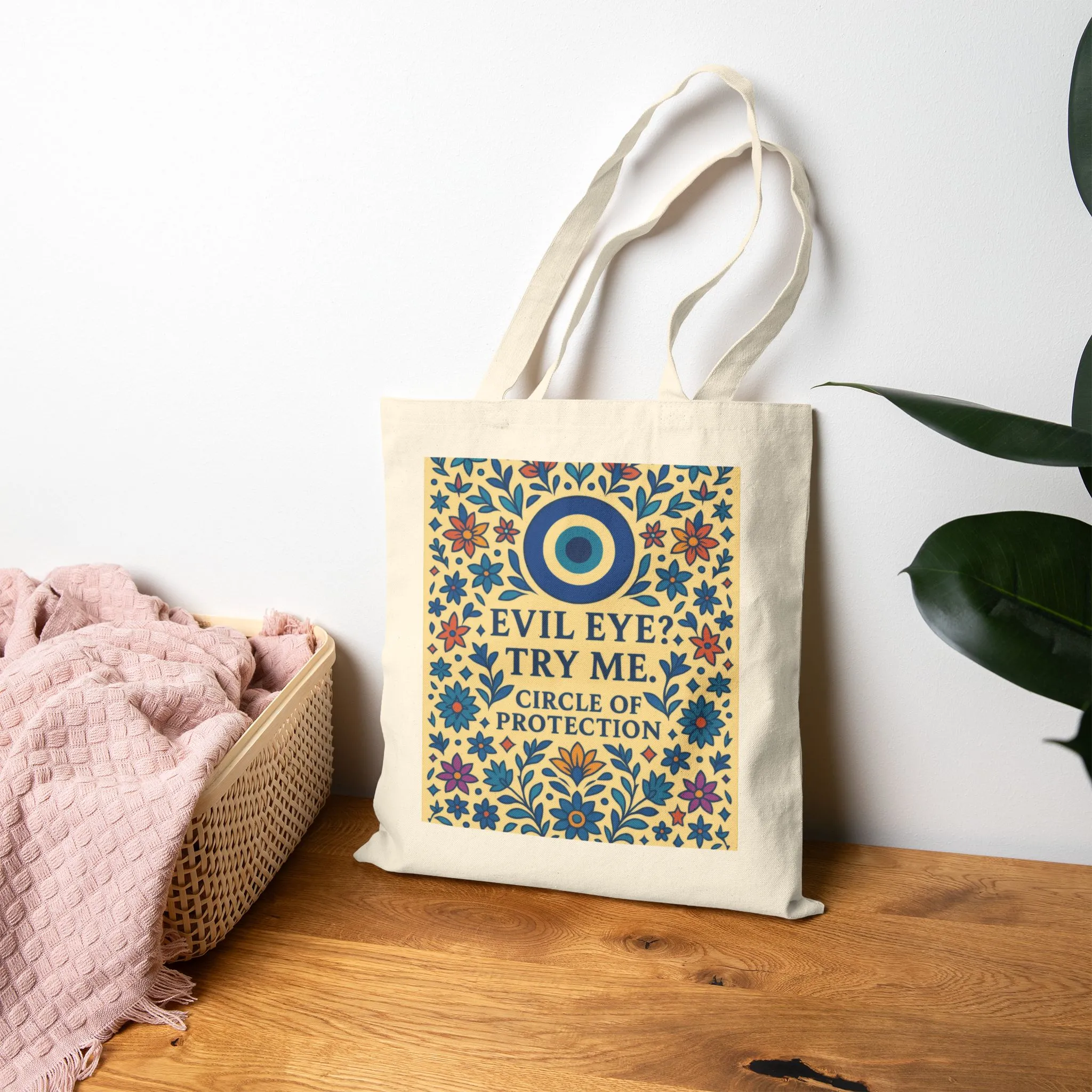 Evil Eye Protection Tote Bag – Bold Floral Nazar Amulet Canvas Bag with Funny Quote, Boho Charm Bag - Image 5
