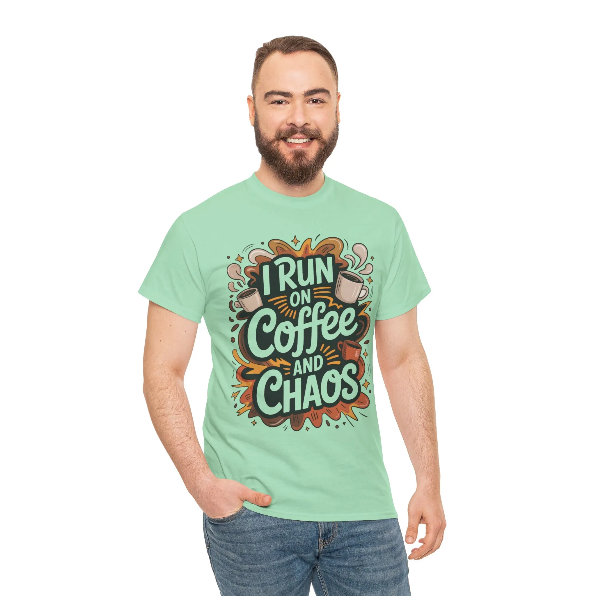Funny Mens Coffee T-Shirt, I Run on Coffee and Chaos, Caffeinated Chaos Tee for Him, Perfect for Coffee Lovers, , Humor Tee - Image 14