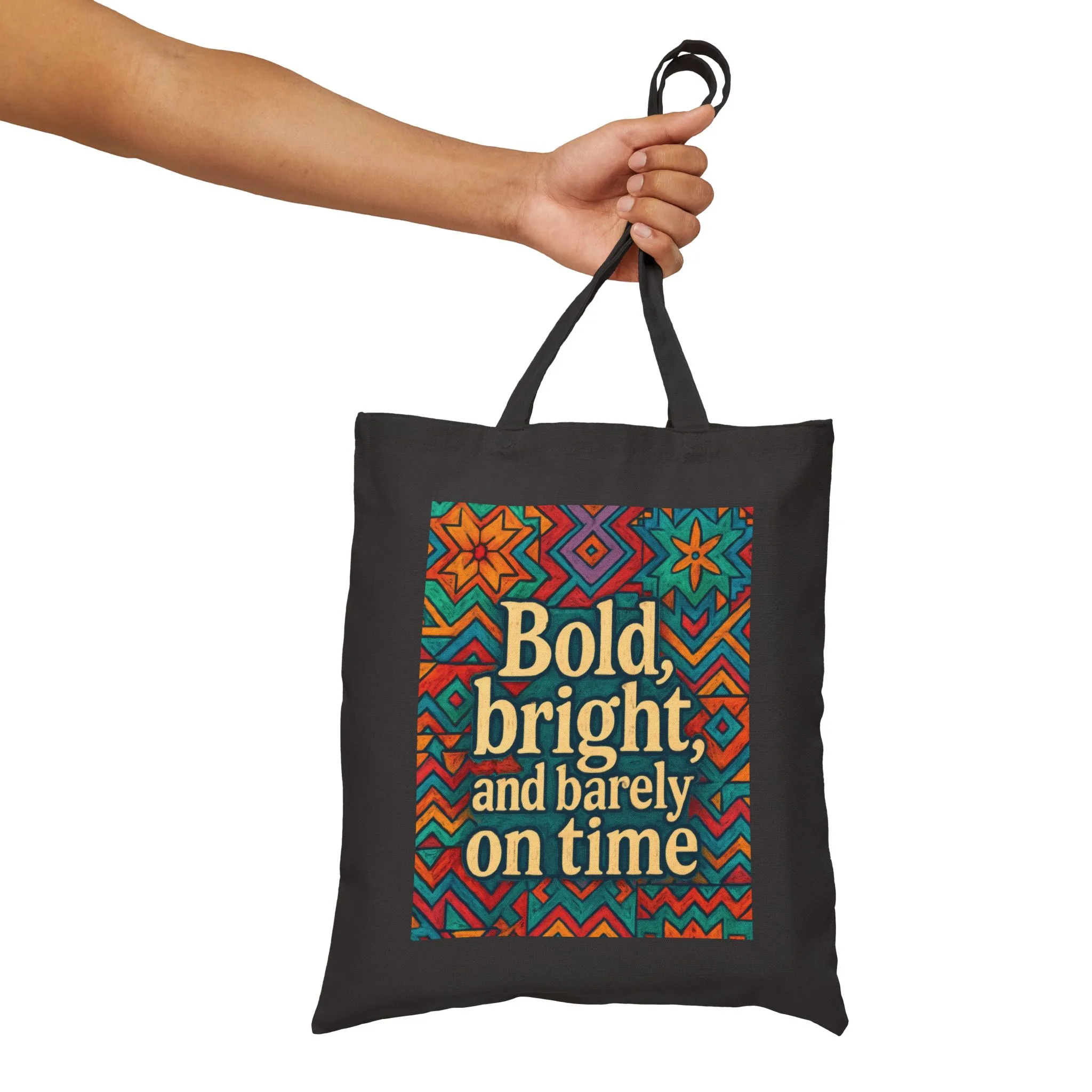 Bold Bright and Barely On Time Tote Bag, Colorful Retro Quote Canvas Bag, Funny Colorful Grocery Bag, Vibrant Motivational Text Print - Image 4