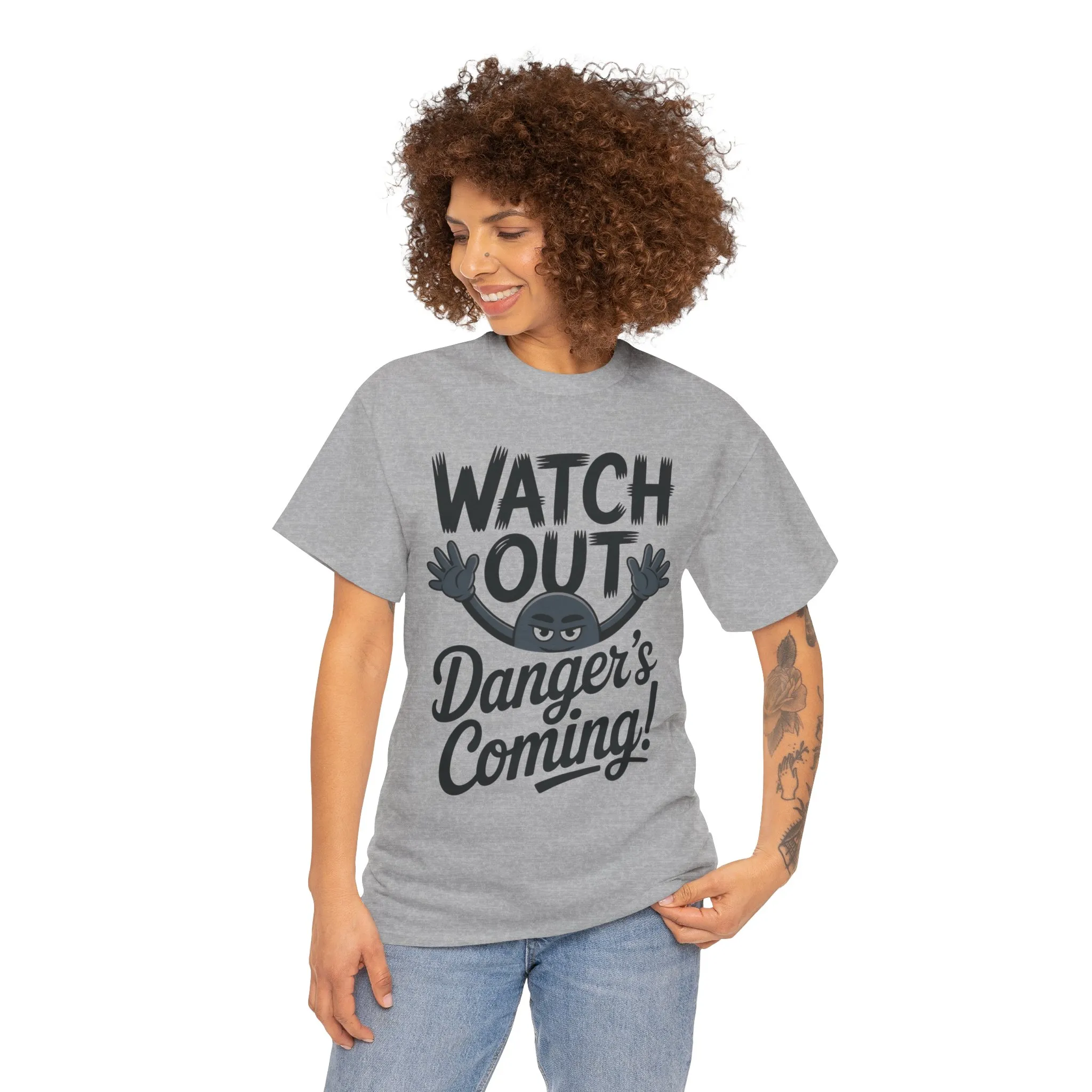 Funny "Watch Out" Cartoon Character T-Shirt, Sketch Style Unisex Heavy Cotton Tee, Minimalist Humorous Graphic Tee, Gift for Him/Her - Image 12
