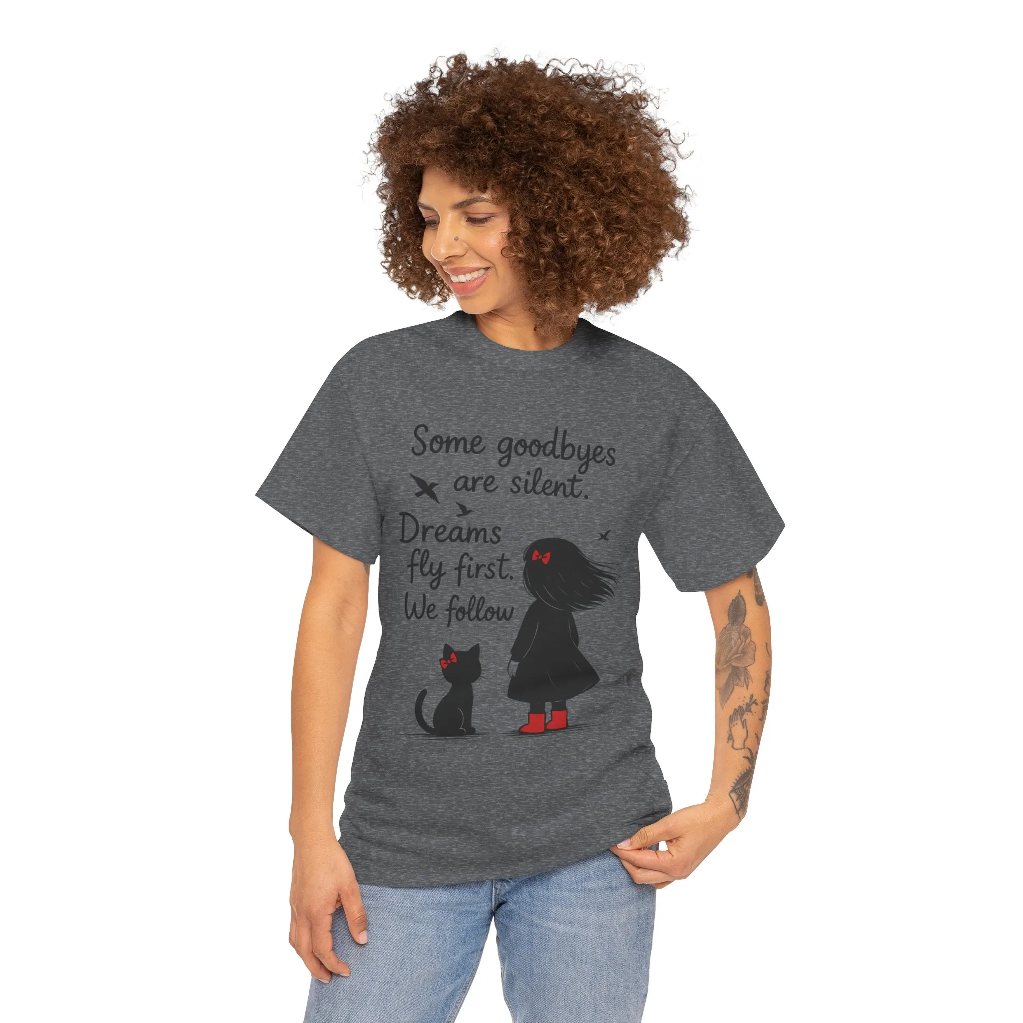 Emotional Hand Drawn Womens T-Shirt, Minimalist Red Dress Girl and Cat Graphic Tee, Cat Lover Gift - Image 32