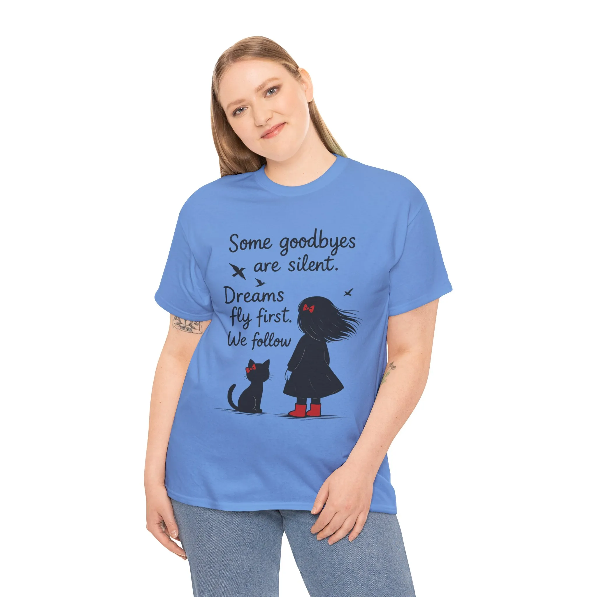 Emotional Hand Drawn Womens T-Shirt, Minimalist Red Dress Girl and Cat Graphic Tee, Cat Lover Gift - Image 12