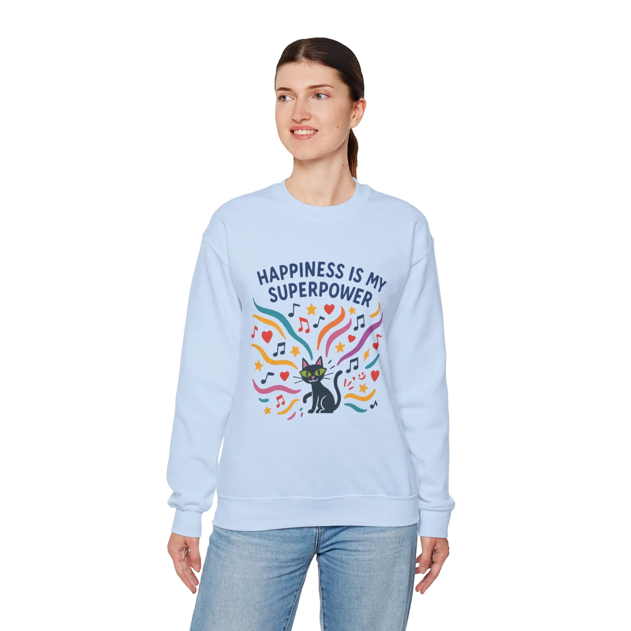 Playful Cat Crewneck Sweatshirt, Happiness is My Superpower, Cozy Sweatshirt, Gift for Cat Lovers, Fun Casual Style, Unique Animal Design - Image 3