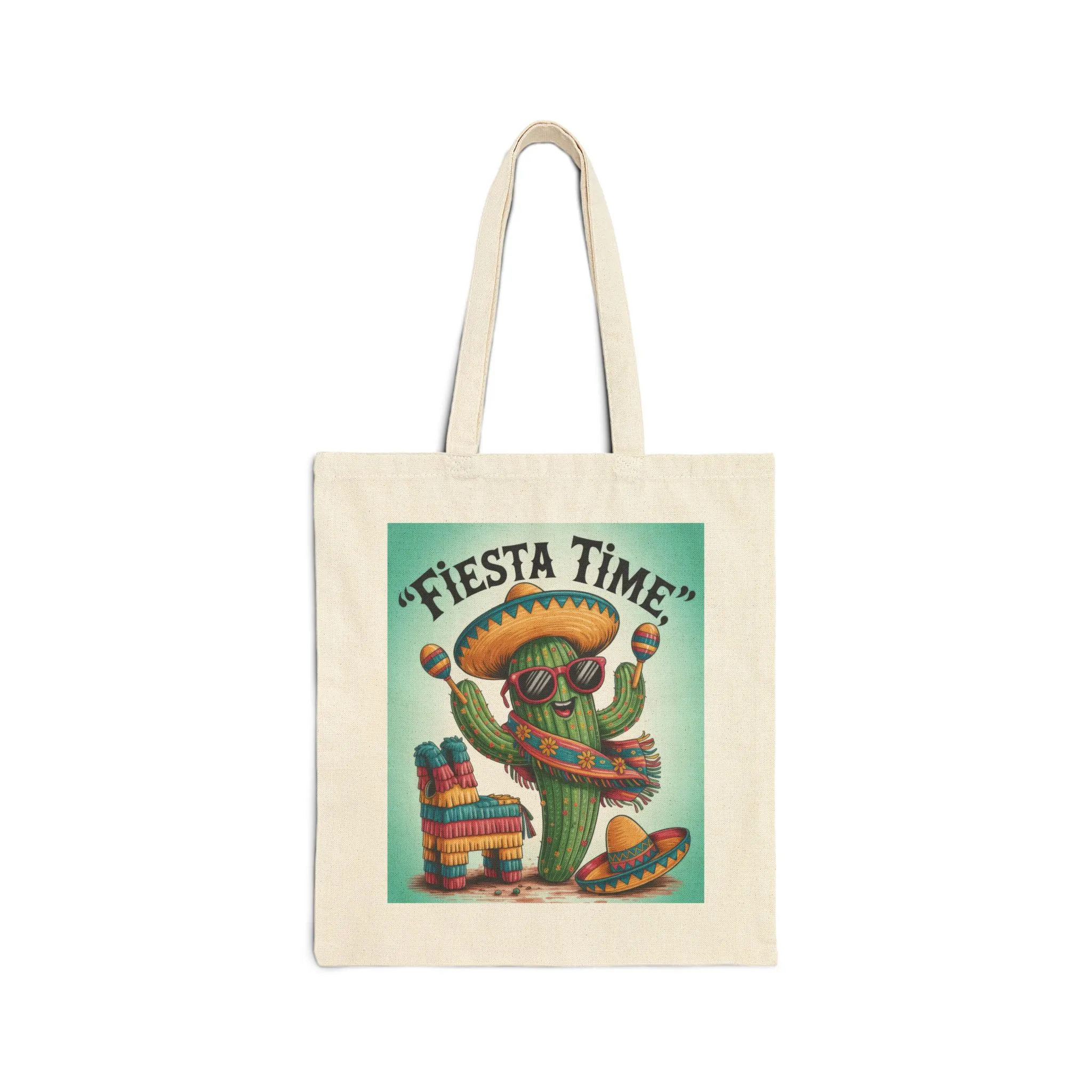 Fiesta Time Cactus Tote Bag, Colorful Funny Sombrero Maracas Piñata Mexican Party Gift Bag, Summer Vibes Canvas Bag - Image 2