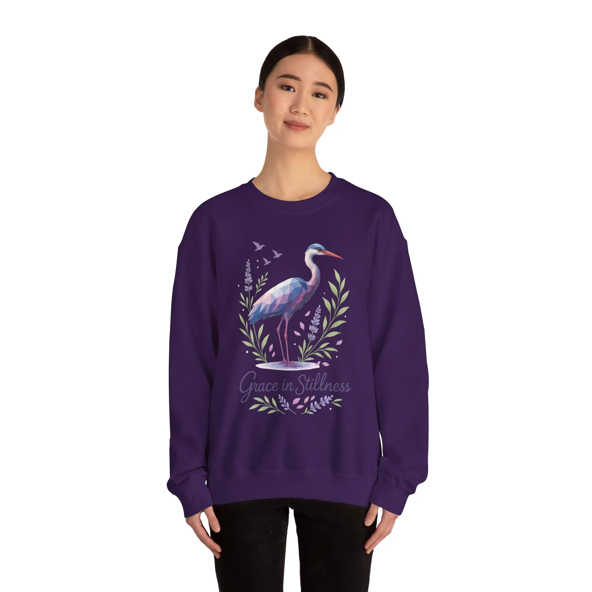 Polygonal Heron Graphic Sweatshirt, Women's Artistic Bird Crewneck, Nature-Inspired Minimalist Design, Geometric Crane, Bird Lovers Gift - Image 23