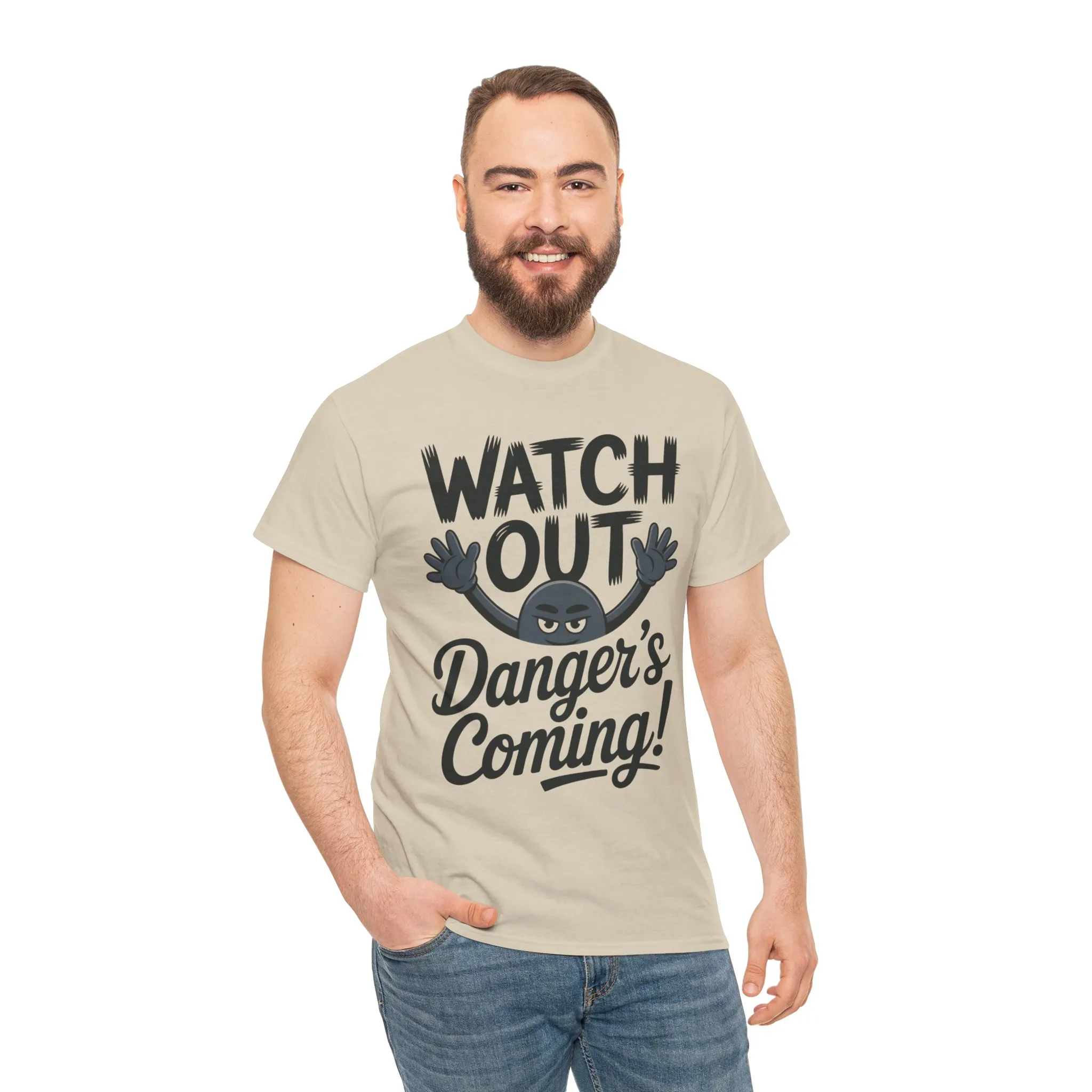 Funny "Watch Out" Cartoon Character T-Shirt, Sketch Style Unisex Heavy Cotton Tee, Minimalist Humorous Graphic Tee, Gift for Him/Her - Image 39