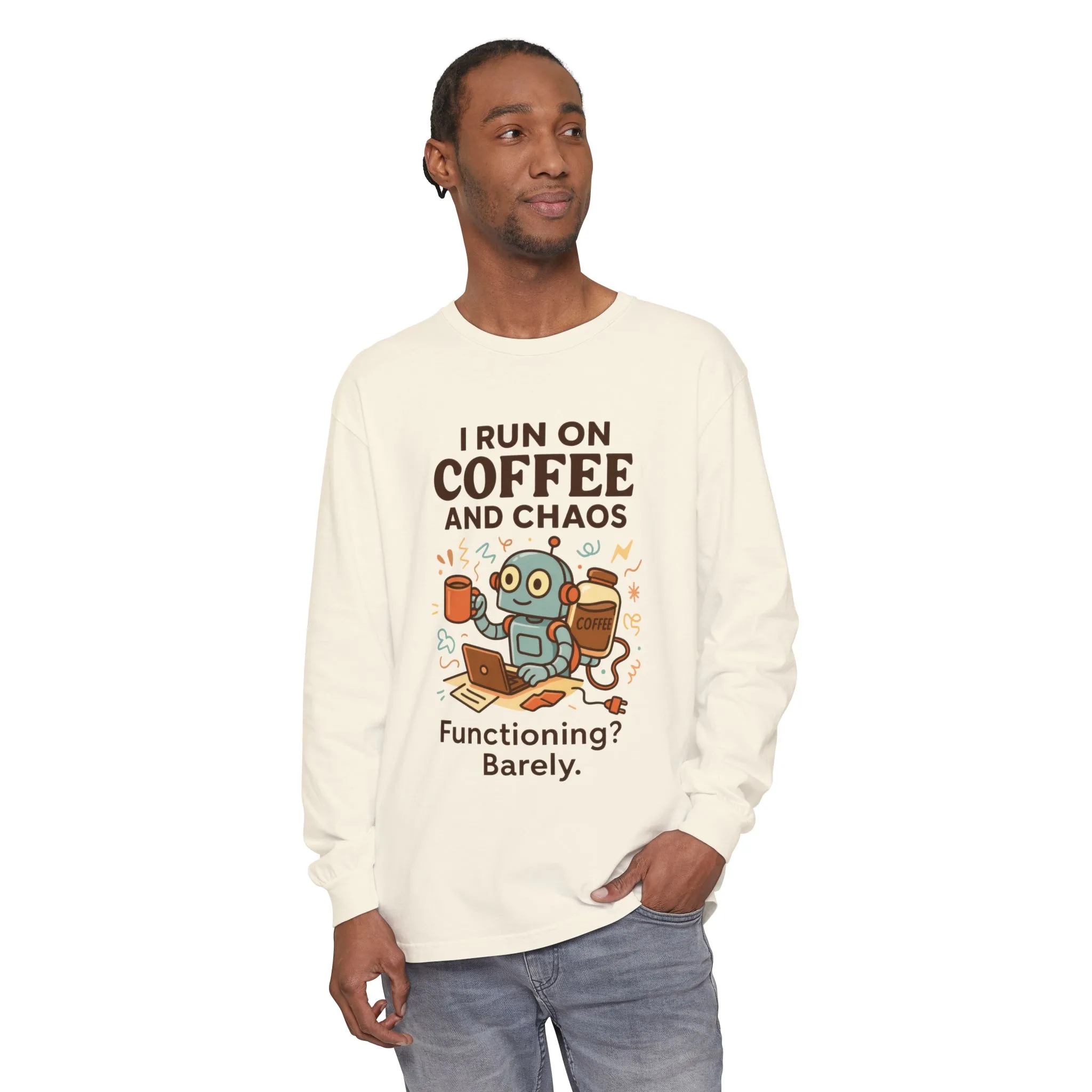Coffee Chaos Long Sleeve Tee, Funny T-Shirt, Quirky Gift for Coffee Lovers, Unisex Top for Busy Lives, Work from Home Humor Tee - Image 8