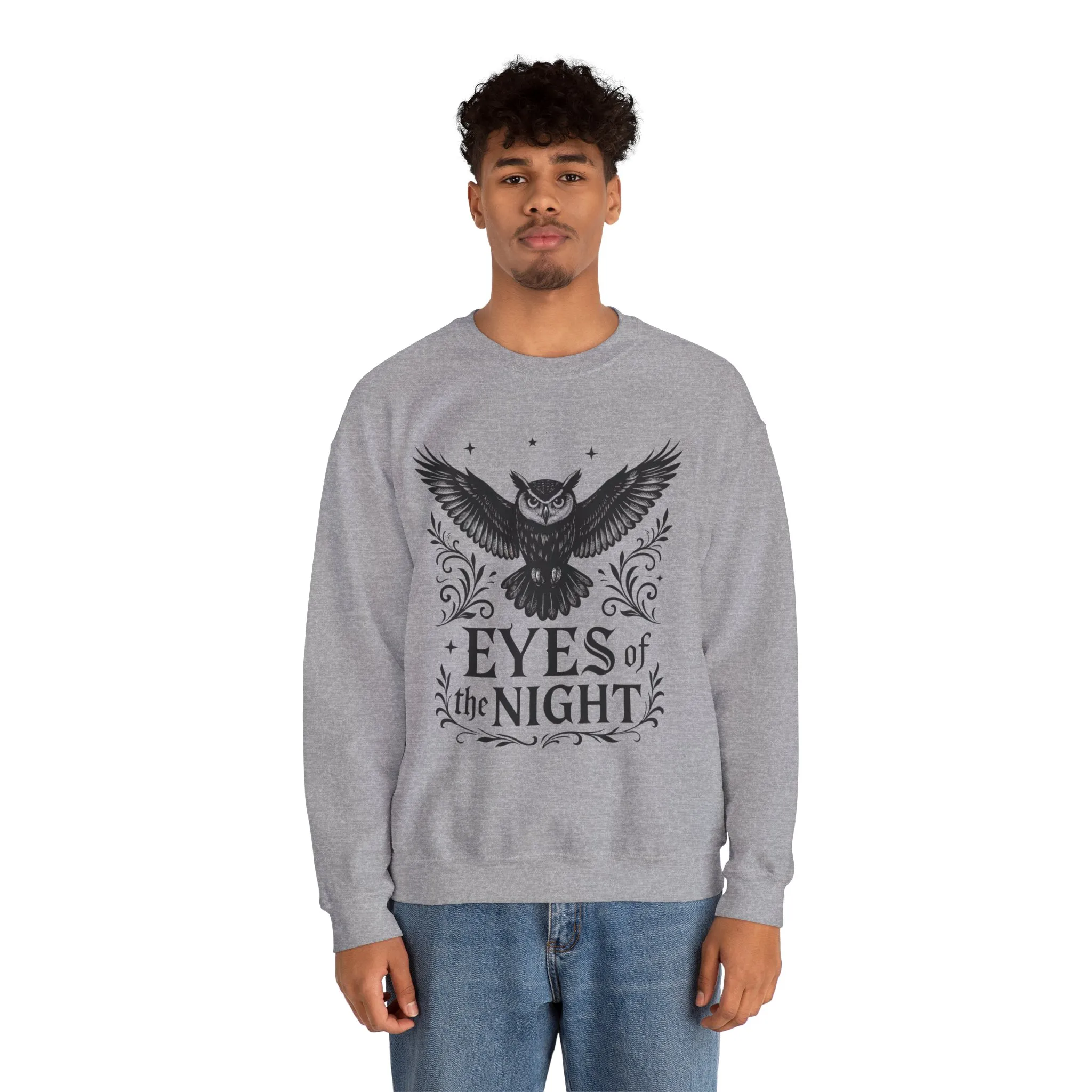 Eyes of the Night Owl Sweatshirt, Mens Dark Gothic Sweatshirt, Mysterious Owl Graphic Pullover, Forest Bird of Night Design, Halloween Gift