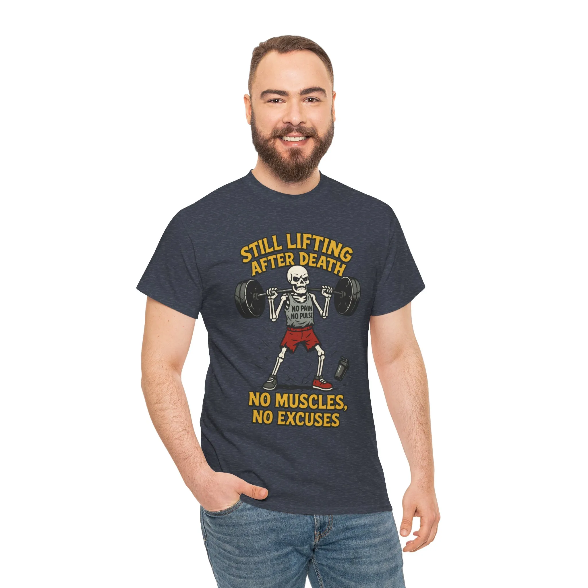 Funny Skeleton Gym T-Shirt, Still Lifting After Death, Funny Workout Shirt for Men, Fitness Gift, Halloween Apparel, Unisex Cotton Tee