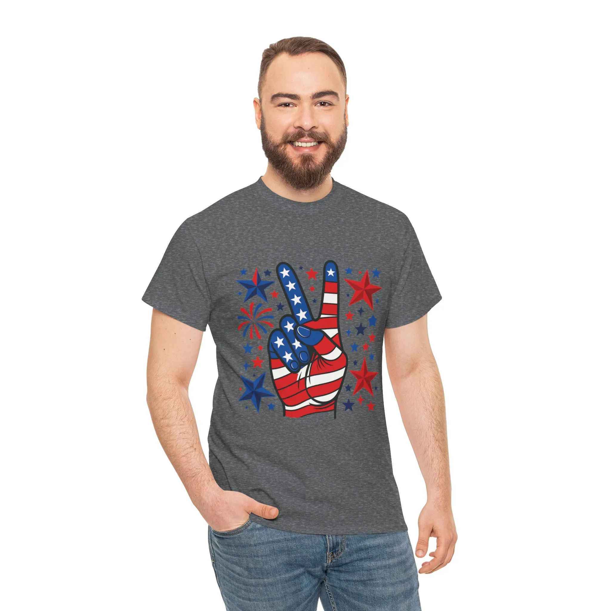 Patriotic Peace Hand Unisex Heavy Cotton Tee - Ideal for July 4th, Independence Day, Celebrations, Casual Wear, Everyday Style - Image 13