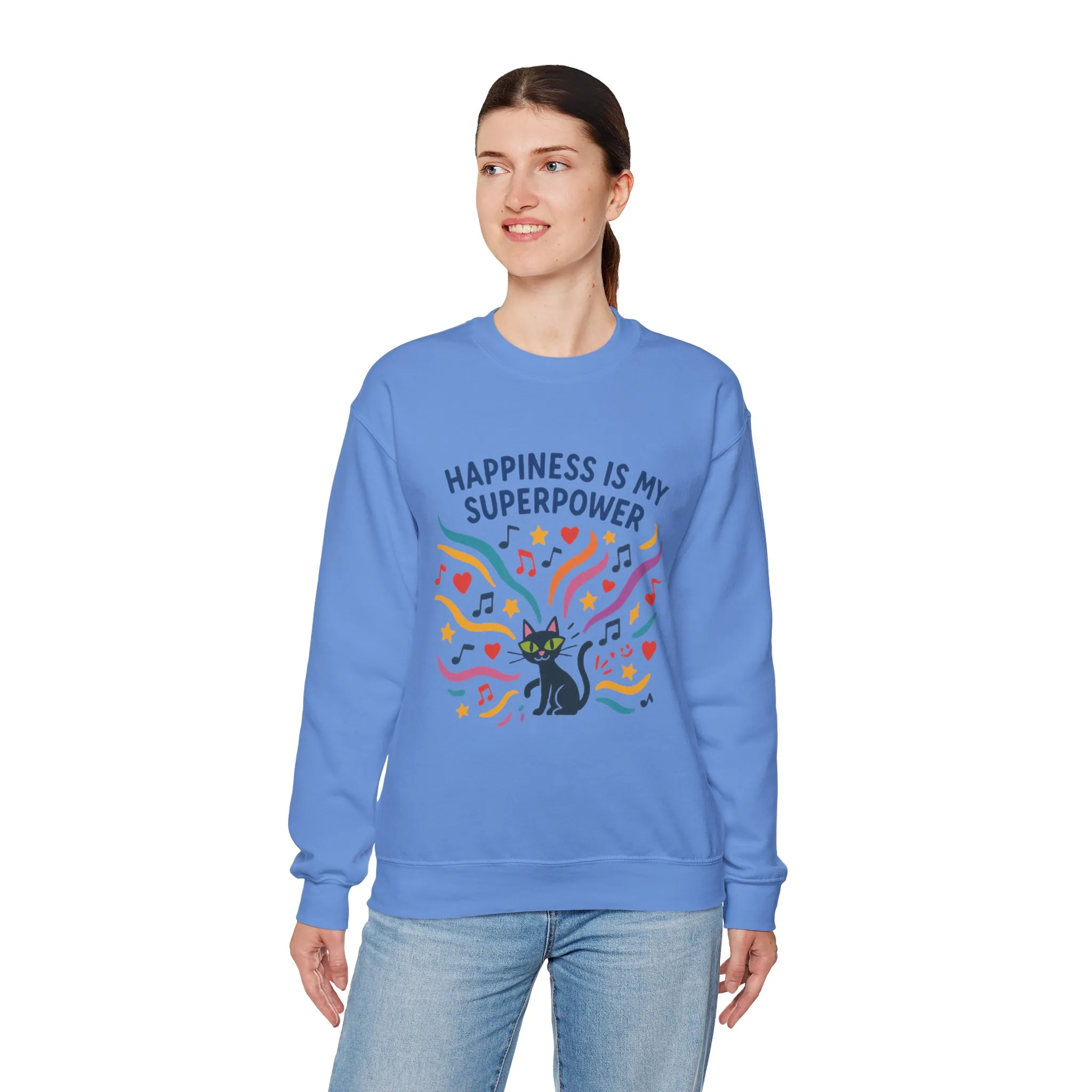 Playful Cat Crewneck Sweatshirt, Happiness is My Superpower, Cozy Sweatshirt, Gift for Cat Lovers, Fun Casual Style, Unique Animal Design - Image 18