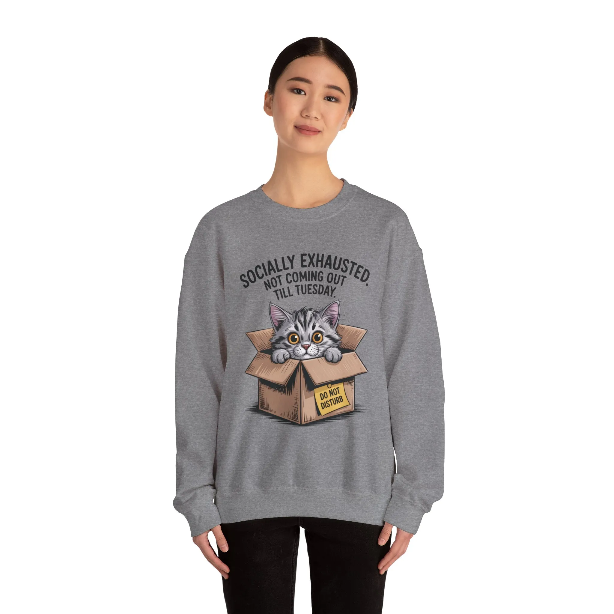 Socially Exhausted Cat Sweatshirt, Funny Cat Crewneck, Gift for Cat Lovers, Cozy Unisex Pullover, Weekend Comfort Apparel - Image 8