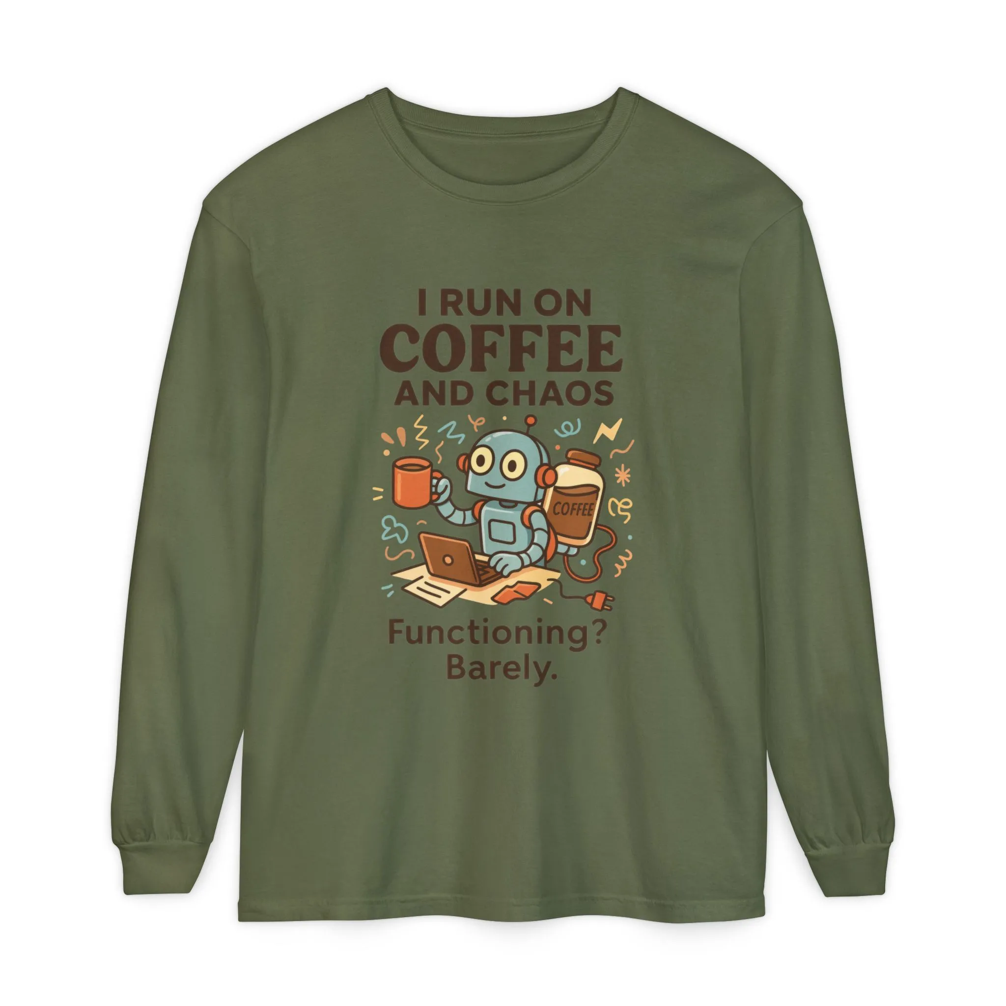 Coffee Chaos Long Sleeve Tee, Funny T-Shirt, Quirky Gift for Coffee Lovers, Unisex Top for Busy Lives, Work from Home Humor Tee - Image 40
