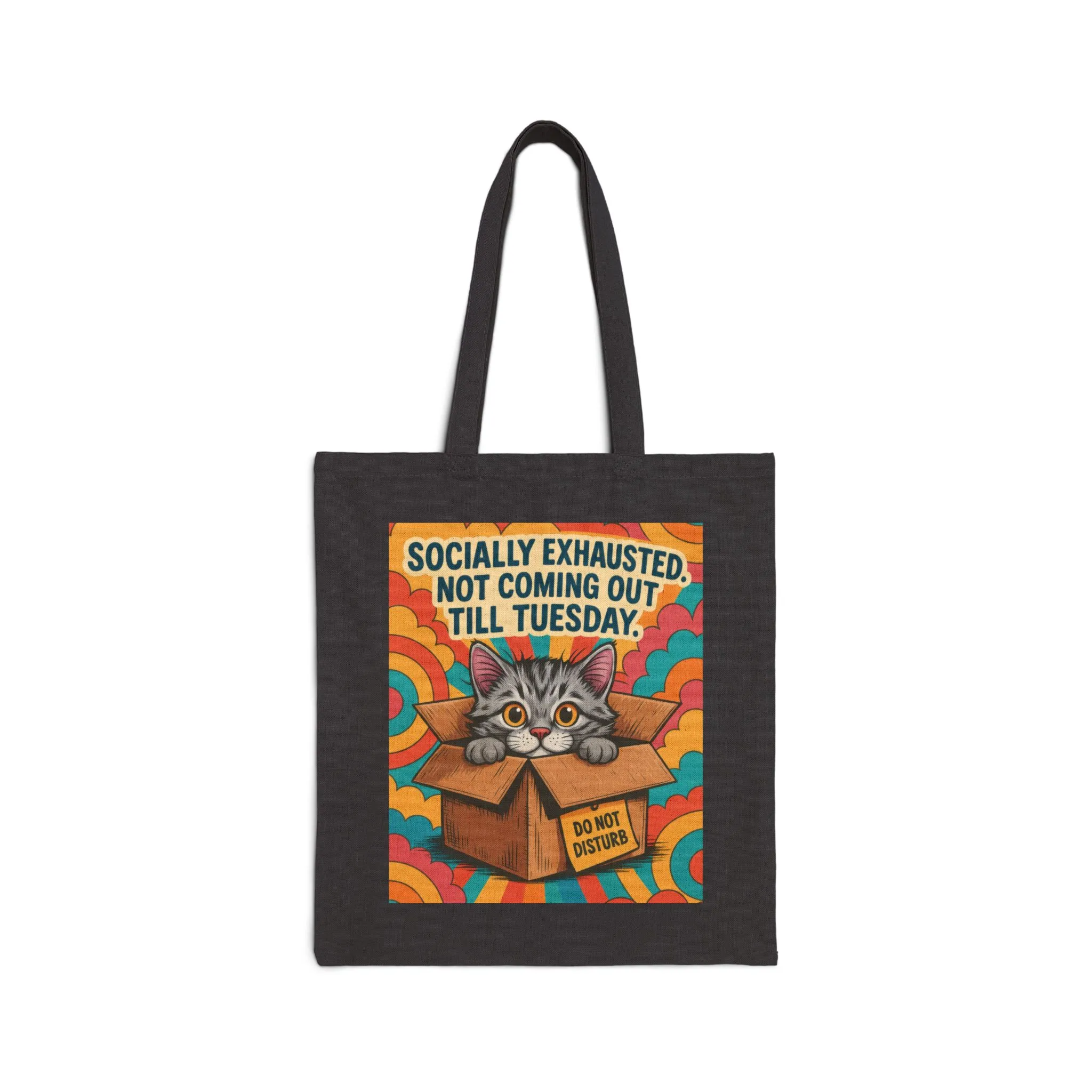 Socially Exhausted Cat Tote Bag, Funny Retro Cat in Box Canvas Bag, Do Not Disturb Comic Bag, Gift for Cat Lovers, Weekend Vibes - Image 2