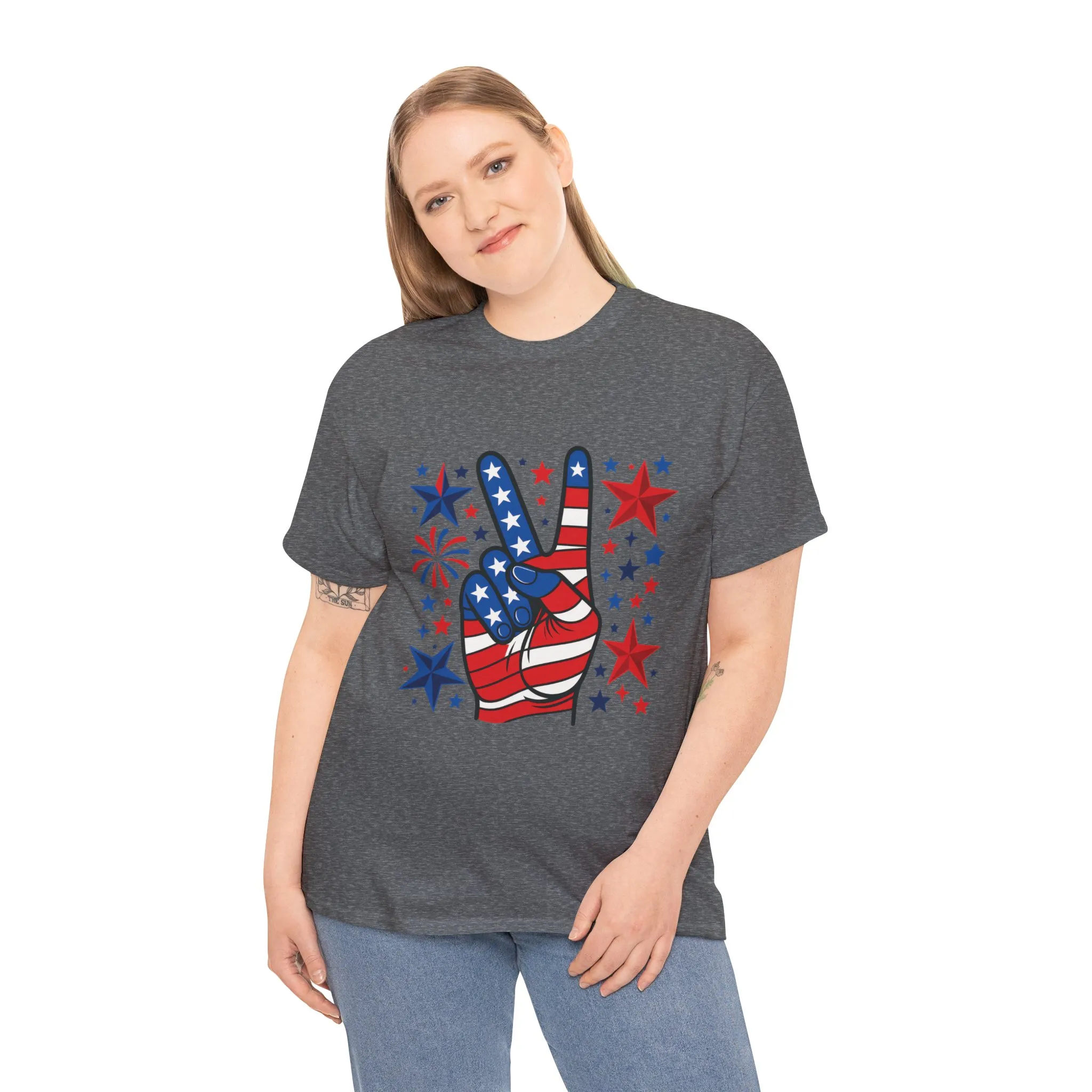 Patriotic Peace Hand Unisex Heavy Cotton Tee - Ideal for July 4th, Independence Day, Celebrations, Casual Wear, Everyday Style - Image 14