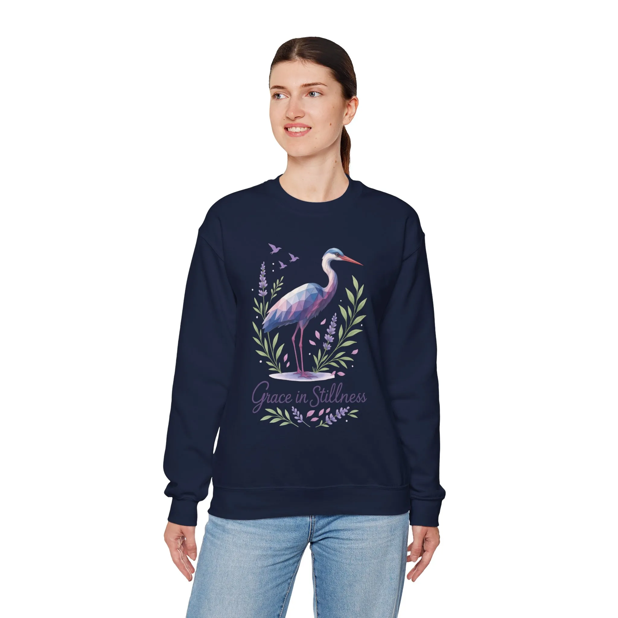 Polygonal Heron Graphic Sweatshirt, Women's Artistic Bird Crewneck, Nature-Inspired Minimalist Design, Geometric Crane, Bird Lovers Gift - Image 21