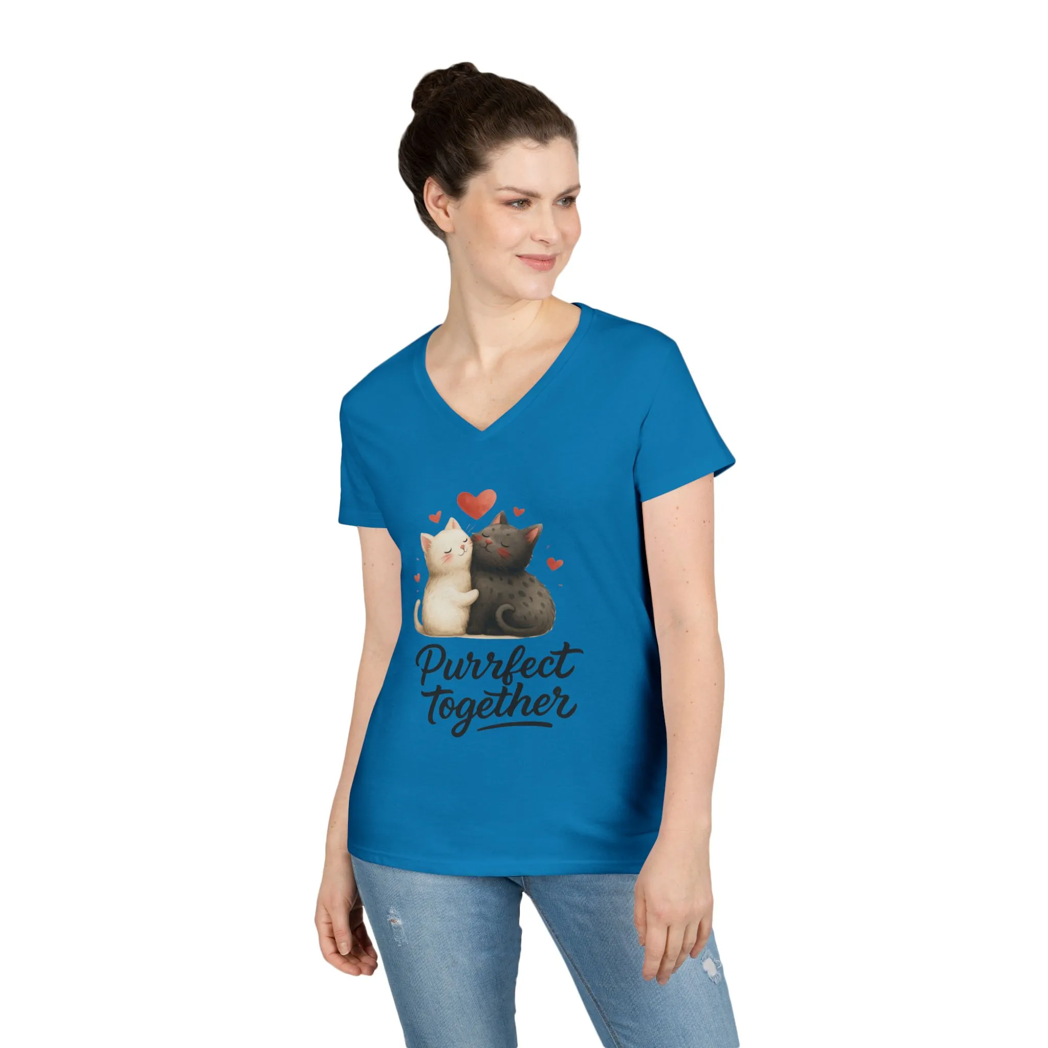 Cute Cat Love V-Neck T-Shirt, Animal Lover Gift, Valentine's Day Shirt, Cat Mom Gift, Cute Graphic Tee - Image 12