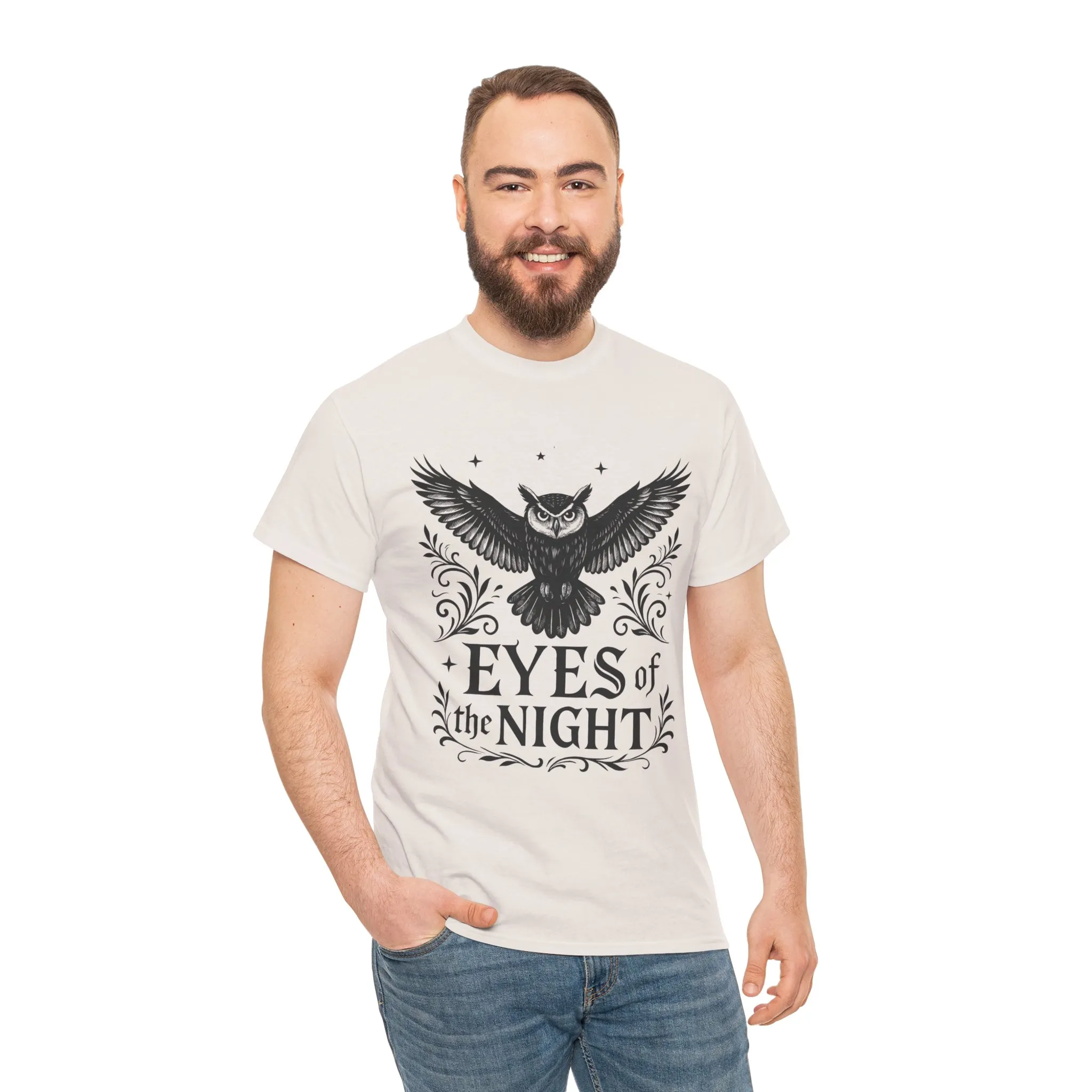 Cool Owl Graphic Unisex Heavy Cotton Tee, Flying Owl Art T-Shirt, Animal Print Tee, Gothic Bird Graphic Tee, Mens Gothic Style Shirt - Image 35