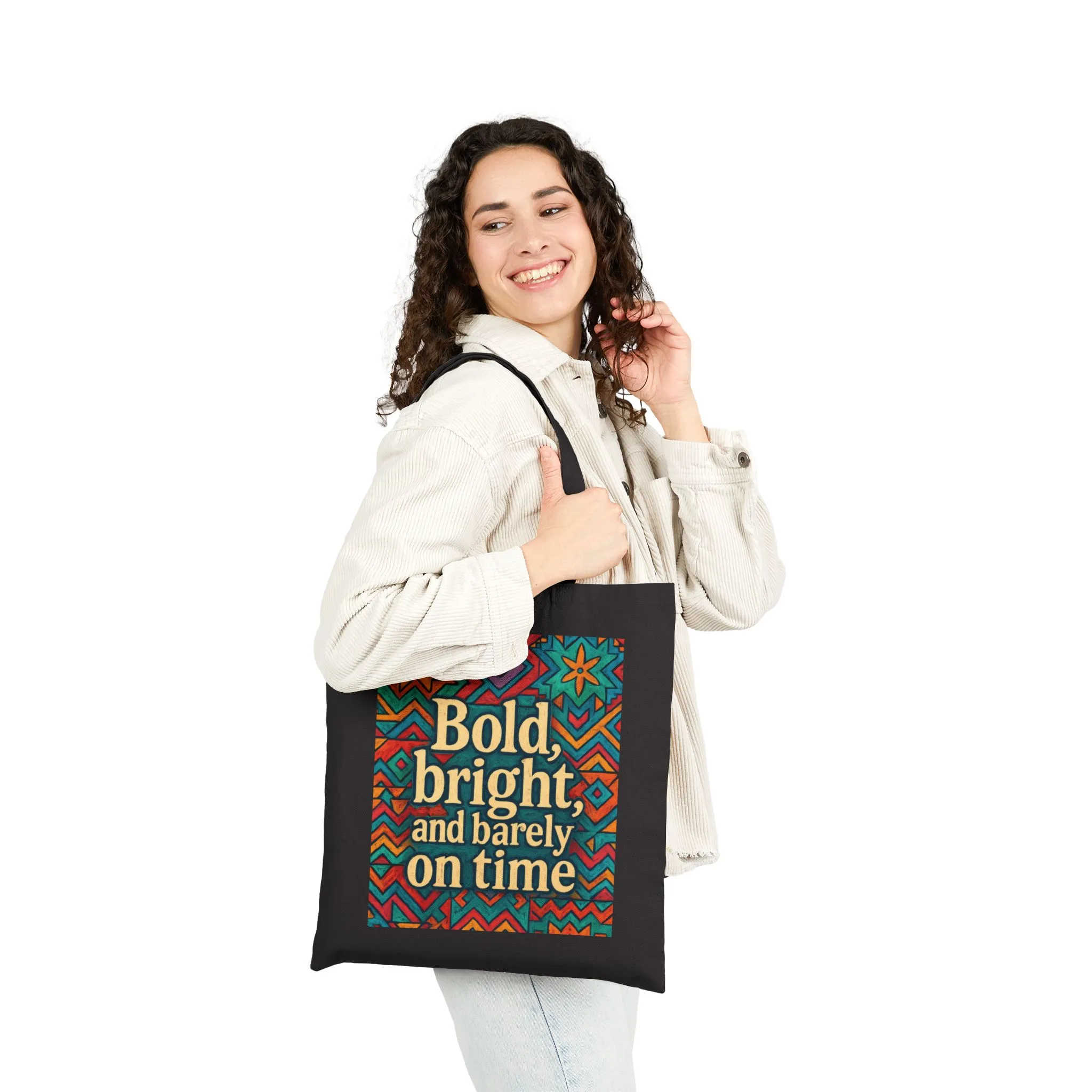 Bold Bright and Barely On Time Tote Bag, Colorful Retro Quote Canvas Bag, Funny Colorful Grocery Bag, Vibrant Motivational Text Print - Image 2