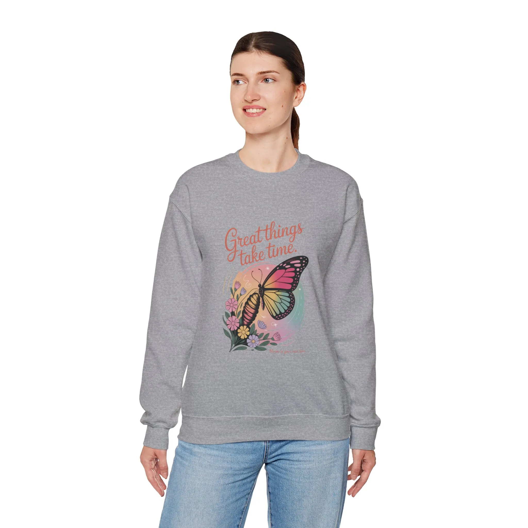Inspirational Butterfly Sweatshirt - Great Things Take Time, Cozy Unisex Crewneck, Perfect Gift for Nature Lovers, Relaxed Style, [...] - Image 6