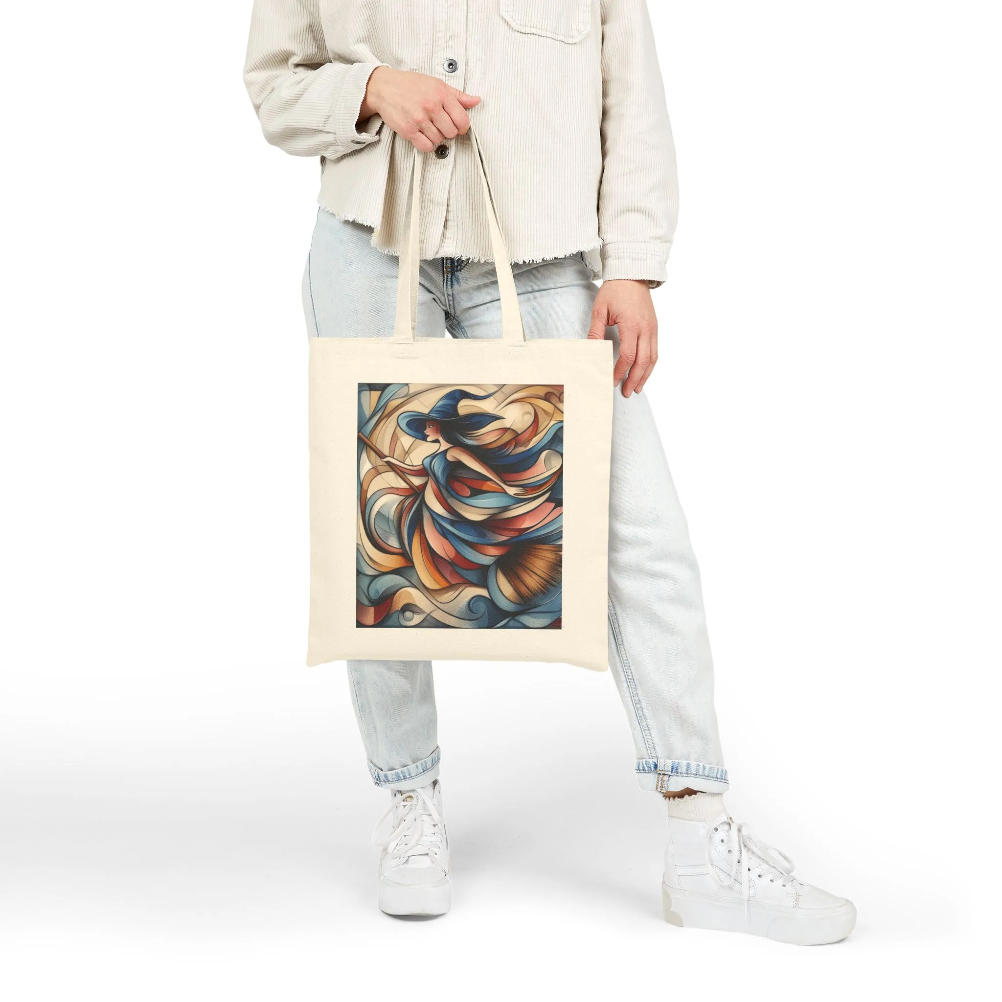 Modern Witch Wall Art, Flowing Cubist Witch Illustration, Magical Feminine Energy Print, Colorful Witchy Aesthetic Decor, Witch Art Tote Bag
