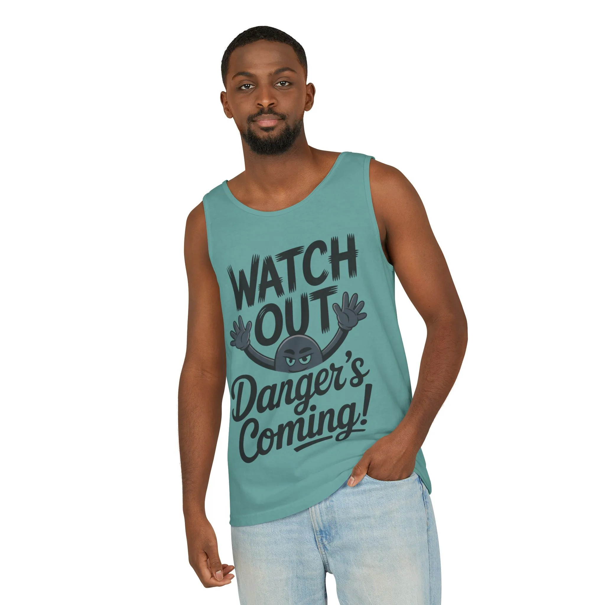 Watch Out! Danger's Coming, Mens Garment-Dyed Tank Top, Summer Tank, Trendy Mens Top, Fun Graphic Tee, Casual Wear, Gift for Him - Image 17