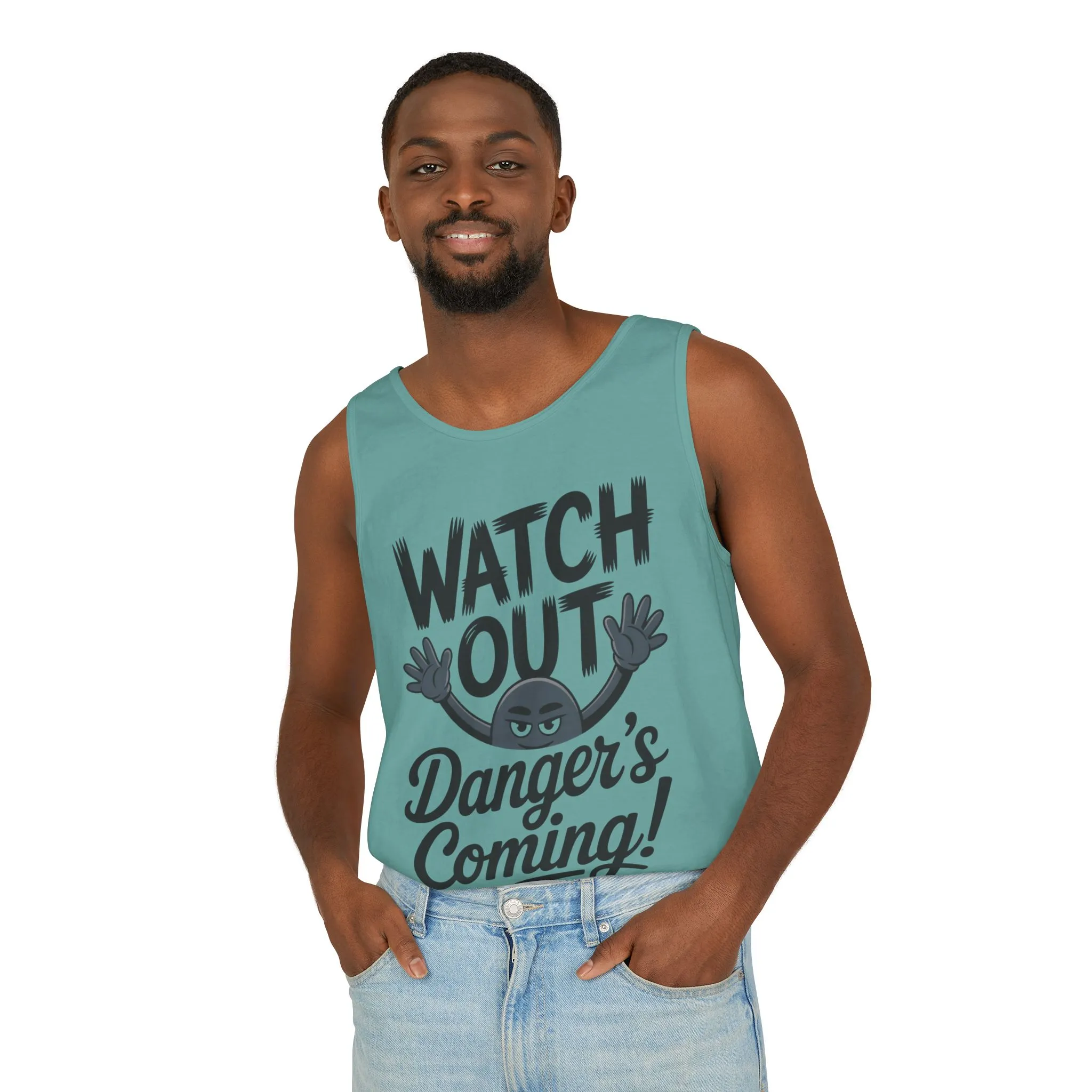 Watch Out! Danger's Coming, Mens Garment-Dyed Tank Top, Summer Tank, Trendy Mens Top, Fun Graphic Tee, Casual Wear, Gift for Him - Image 18