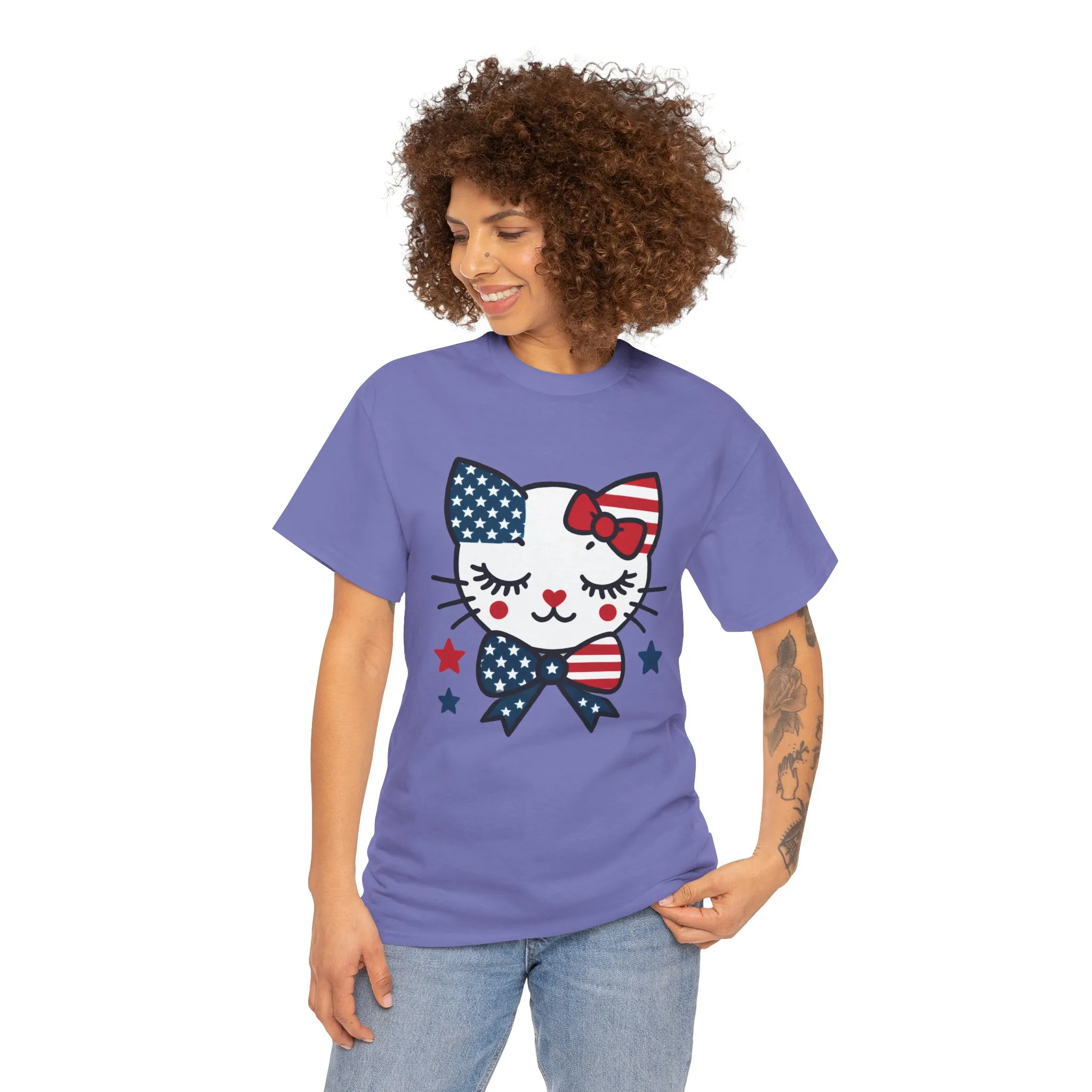 Patriotic Cat Womens Tee, Cute Cat Shirt, Womens T-Shirt, July 4th Outfit, Independence Day Gift, Animal Lover Apparel