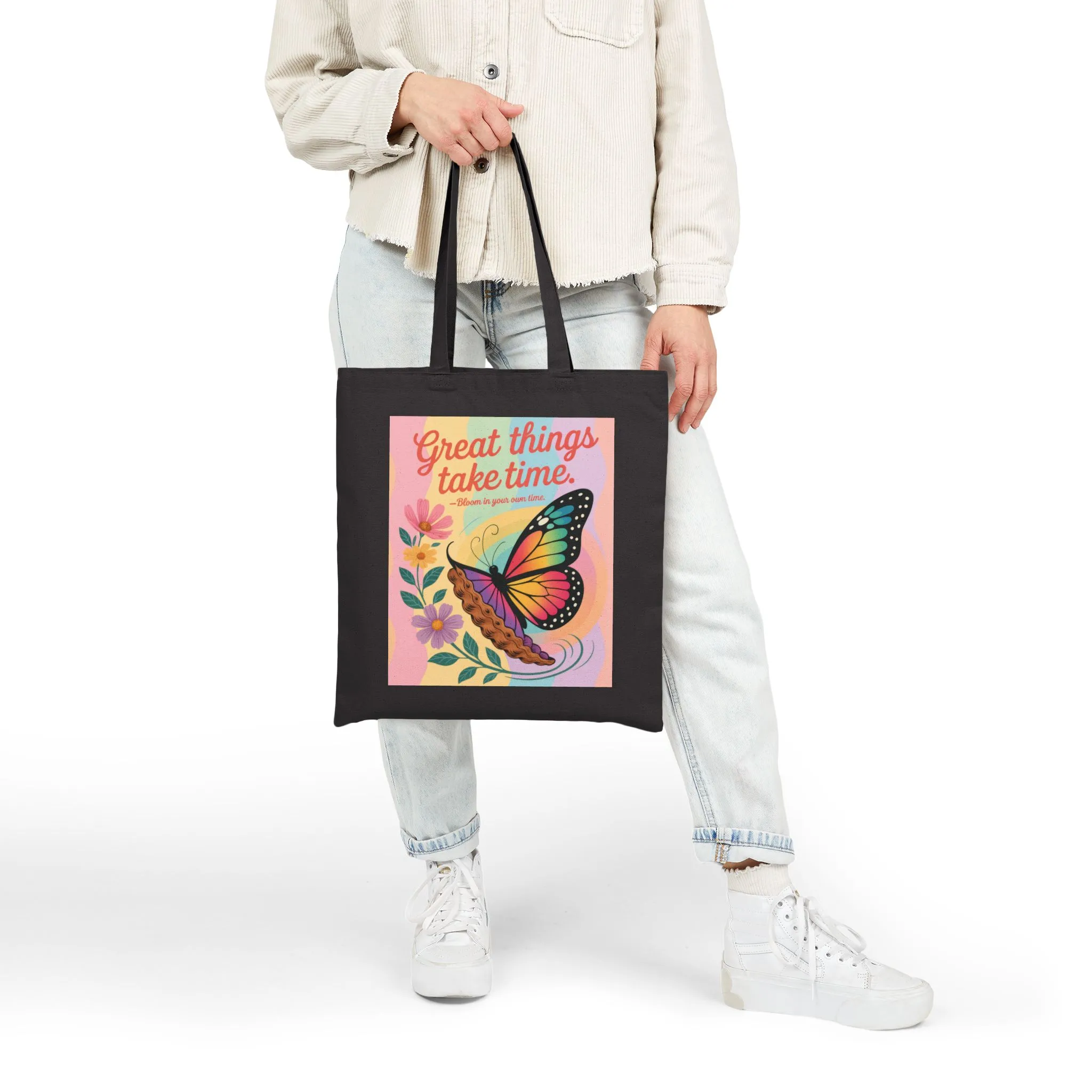 Great Things Take Time Tote Bag, Butterfly & Flower Cotton Canvas Bag, Motivational Quote Tote, Inspirational Gift for Women, Boho Style Bag - Image 10