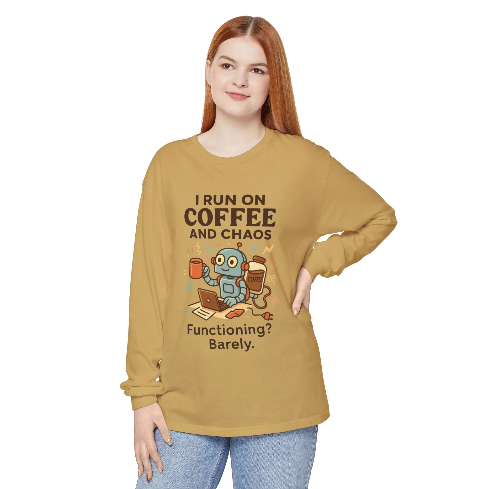 Coffee Chaos Long Sleeve Tee, Funny T-Shirt, Quirky Gift for Coffee Lovers, Unisex Top for Busy Lives, Work from Home Humor Tee - Image 33
