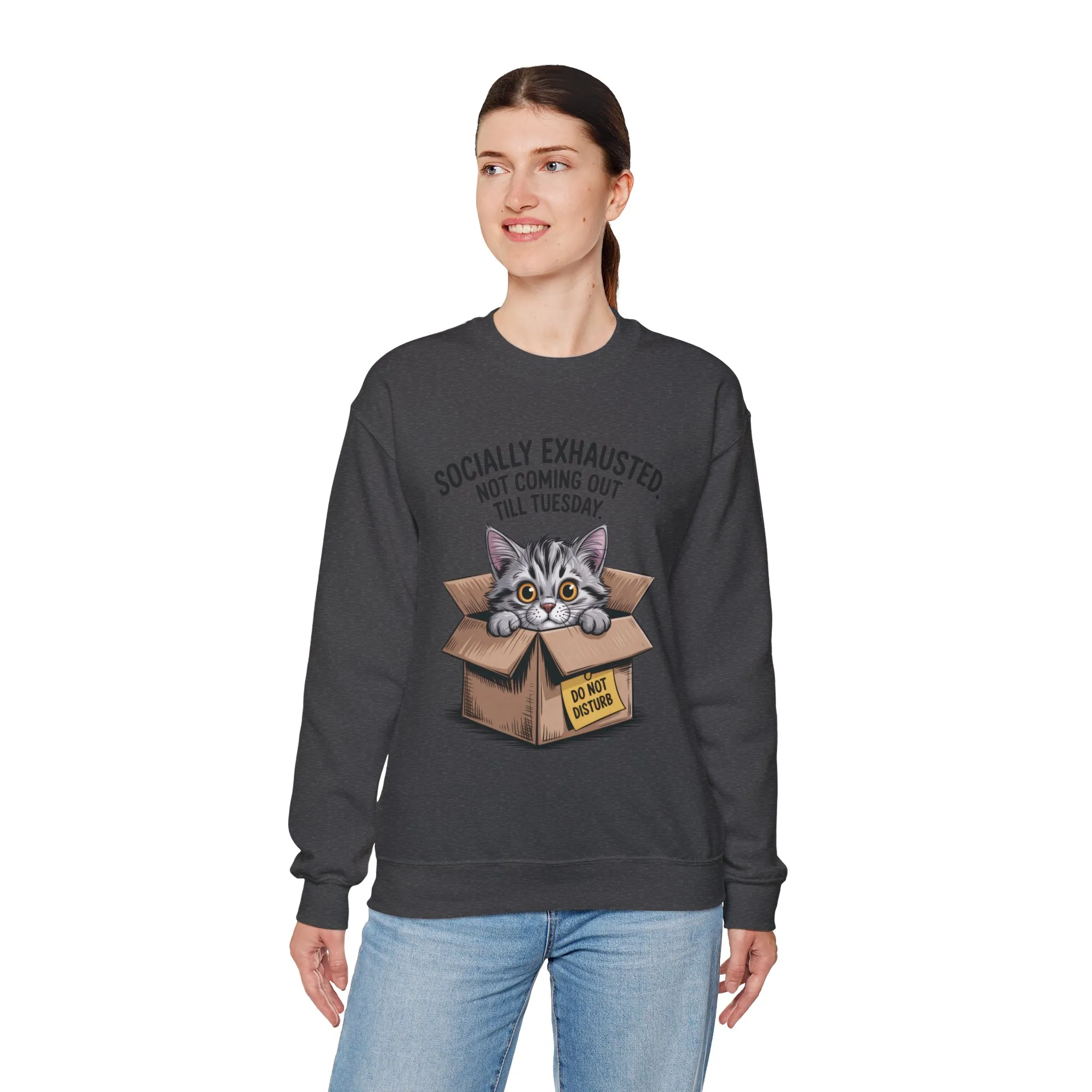 Socially Exhausted Cat Sweatshirt, Funny Cat Crewneck, Gift for Cat Lovers, Cozy Unisex Pullover, Weekend Comfort Apparel - Image 36