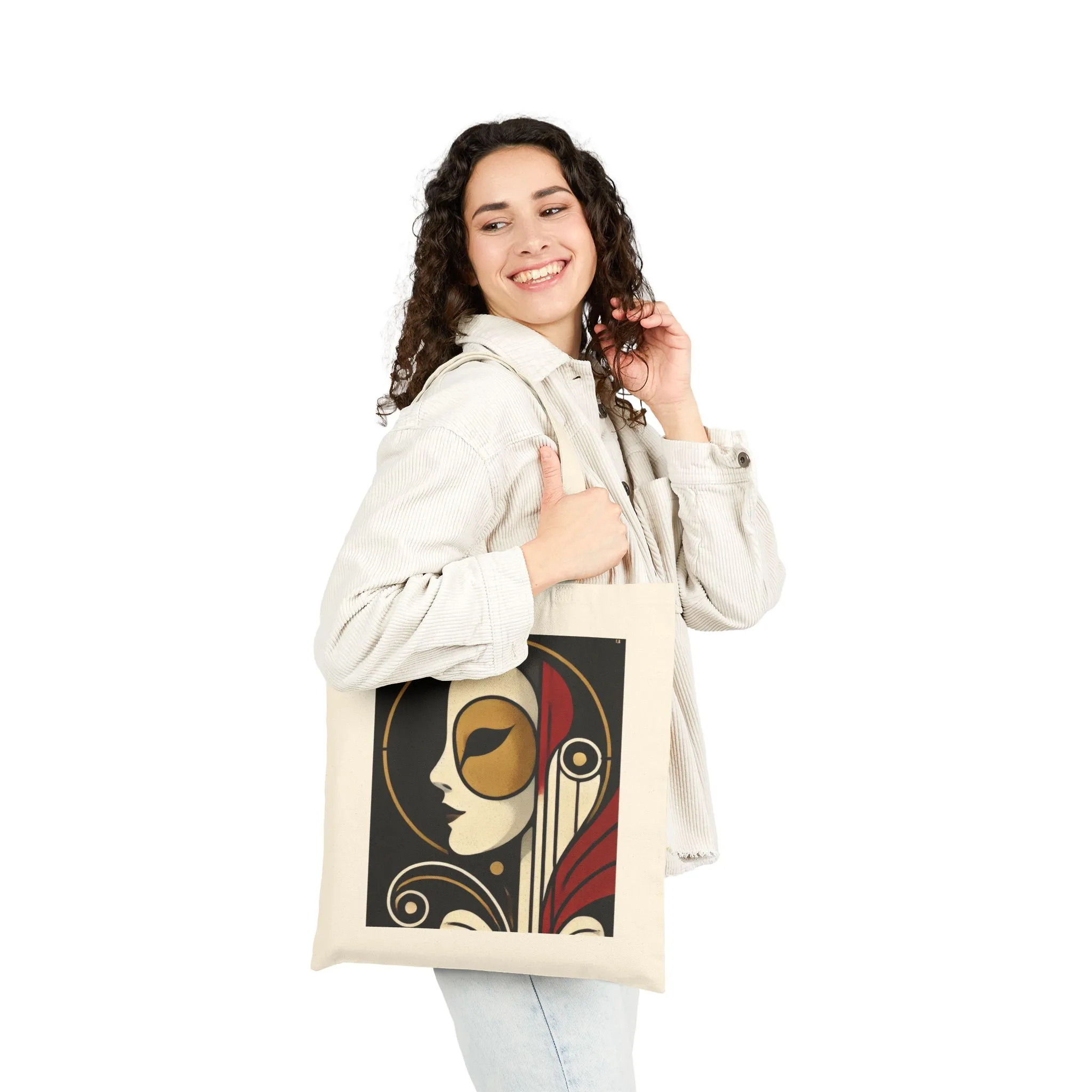 Art Deco Woman Tote Bag, Elegant Geometric Face Design, Modern Vintage Style Canvas Bag for Art Lovers, Artistic Cotton Canvas Tote Bag - Image 9
