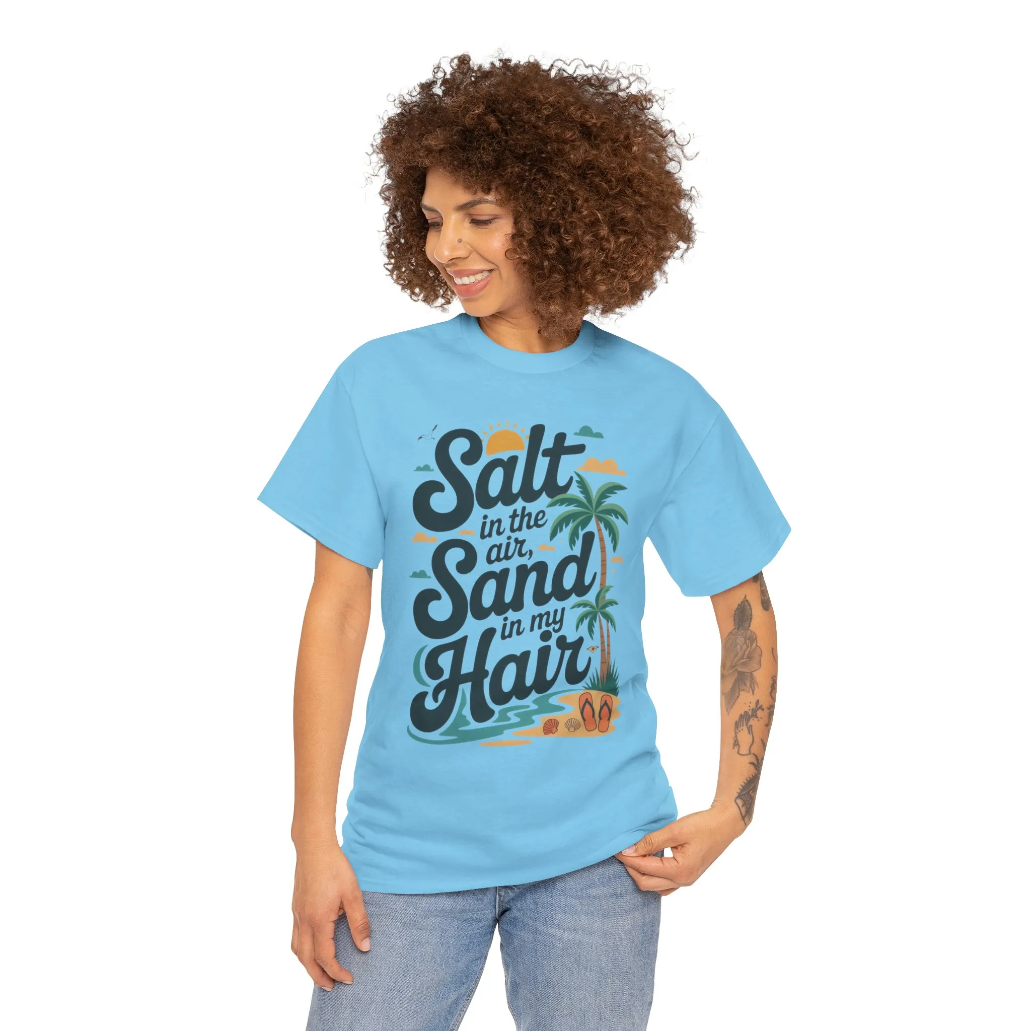 Salt in the Air Sand in My Hair Shirt, Beach Summer Vibes Graphic T-Shirt, Tropical Ocean Palm Design, Ocean-Themed Shirt, Gift Beach Lovers - Image 28
