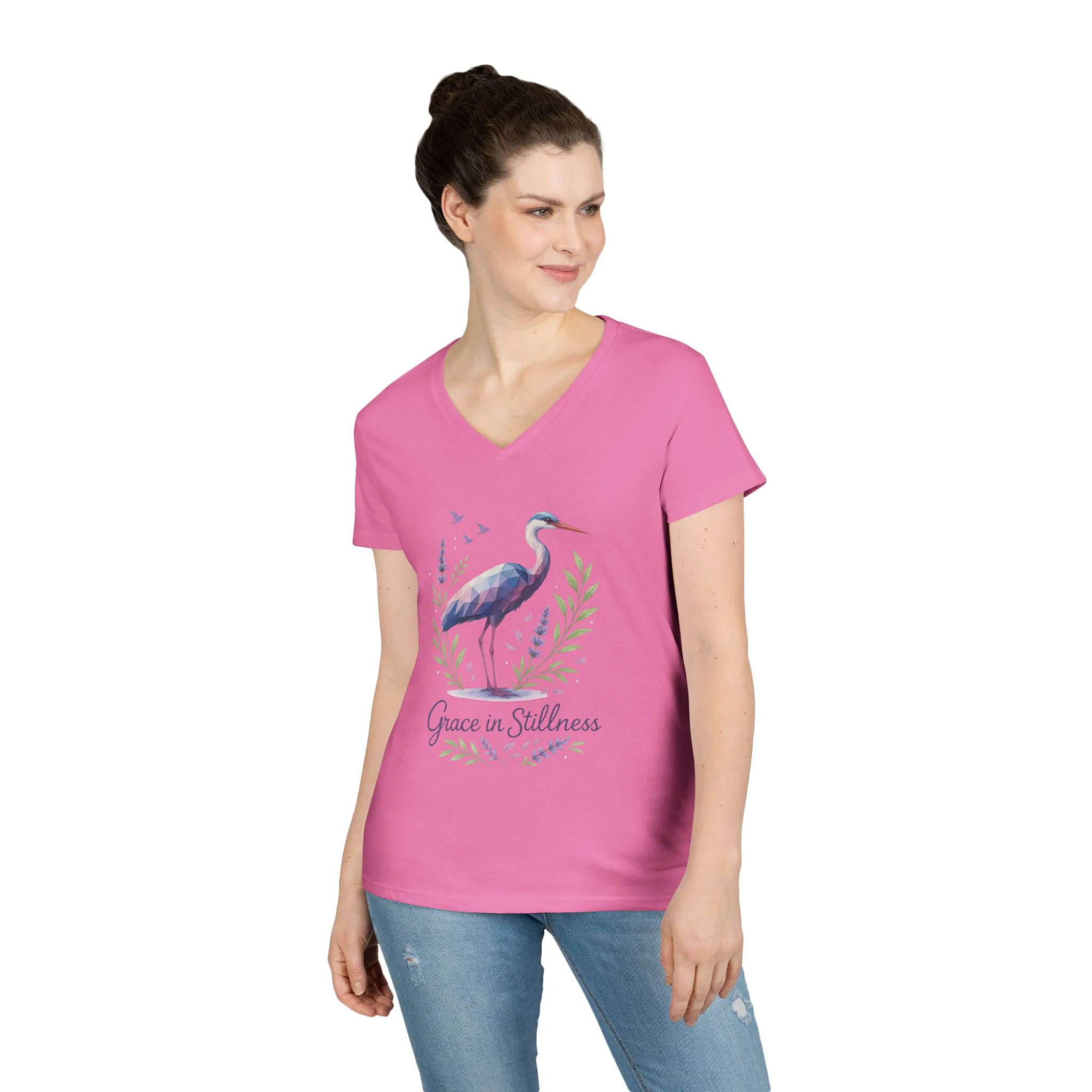 Ladies' V-Neck T-Shirt with Heron Design - Grace in Stillness, Relaxed Fit, Nature-Inspired Gift, Travel Tee, Summer Fashion - Image 21