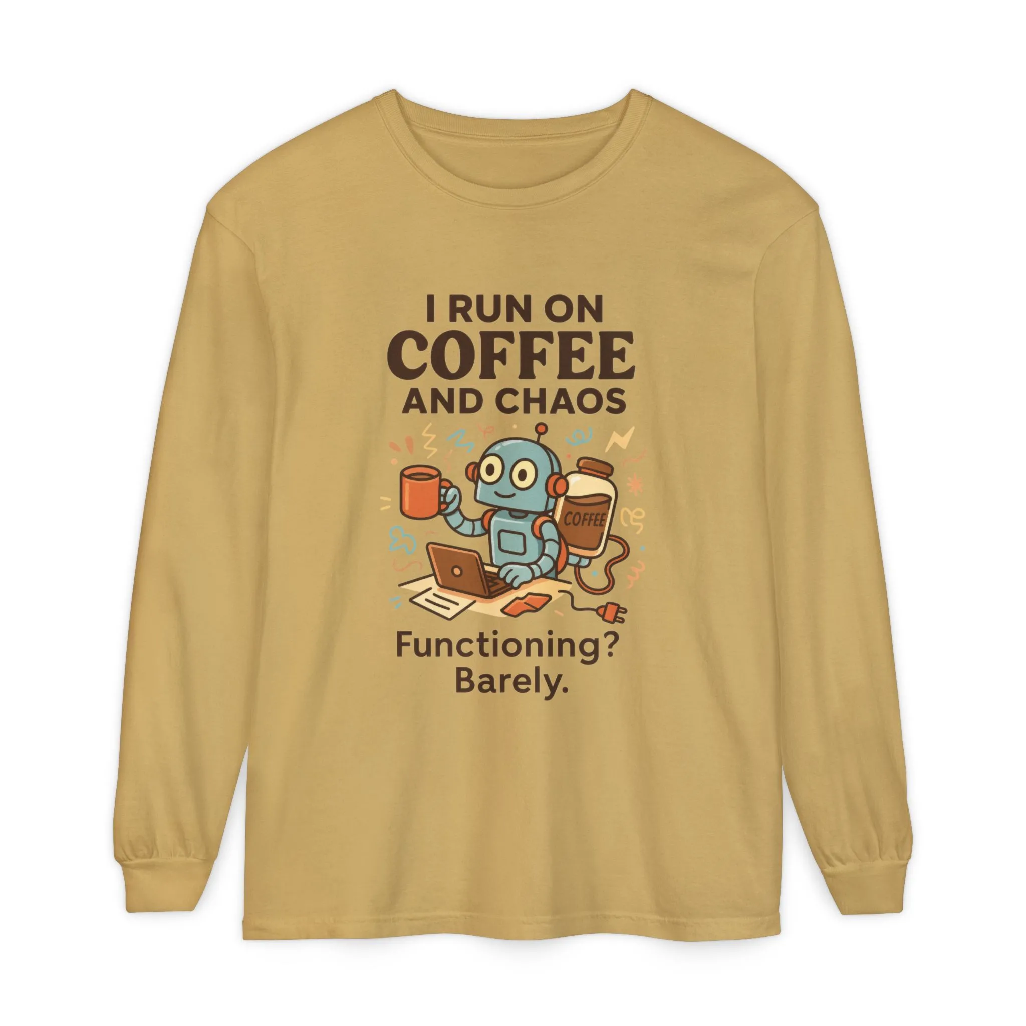 Coffee Chaos Long Sleeve Tee, Funny T-Shirt, Quirky Gift for Coffee Lovers, Unisex Top for Busy Lives, Work from Home Humor Tee - Image 31