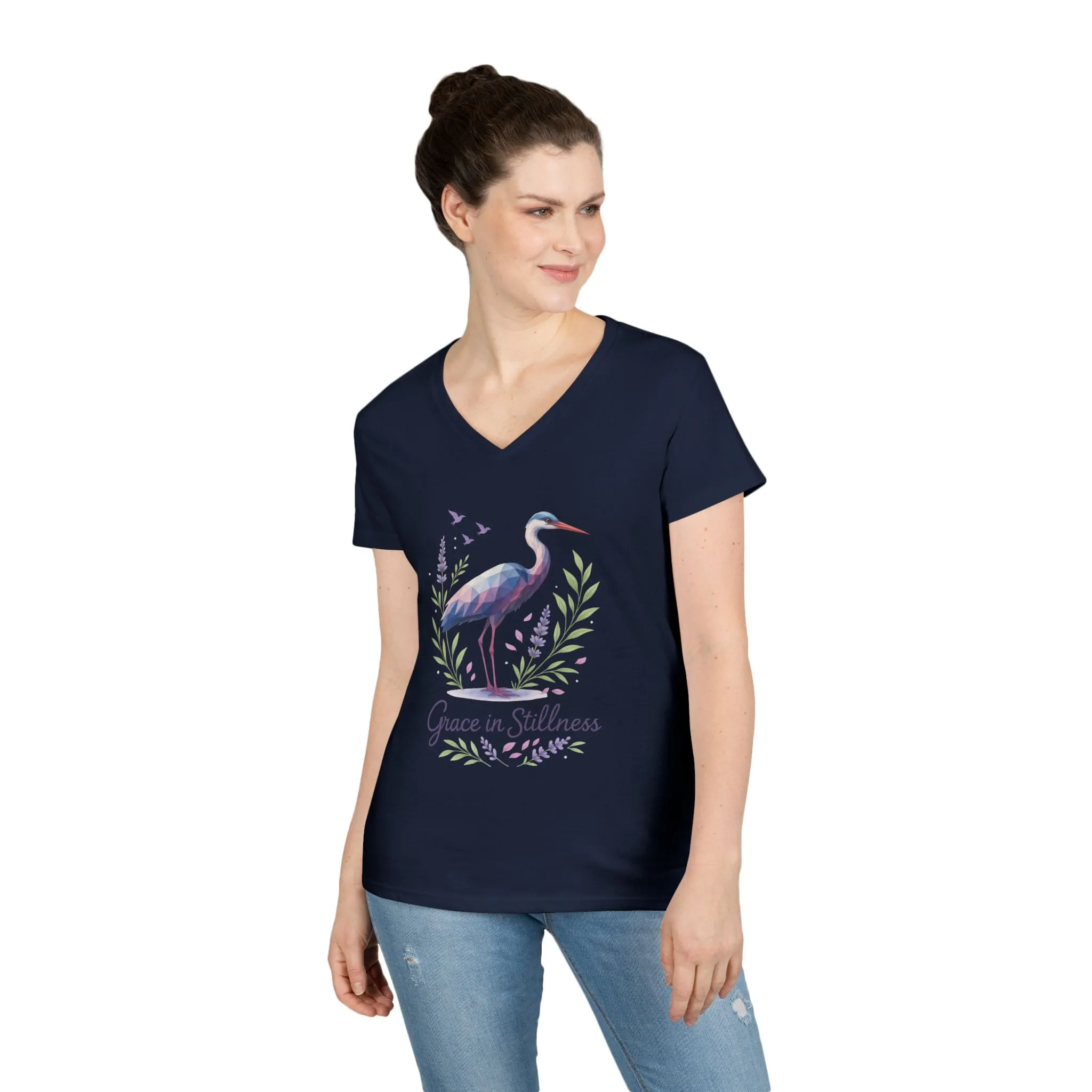 Ladies' V-Neck T-Shirt with Heron Design - Grace in Stillness, Relaxed Fit, Nature-Inspired Gift, Travel Tee, Summer Fashion - Image 15
