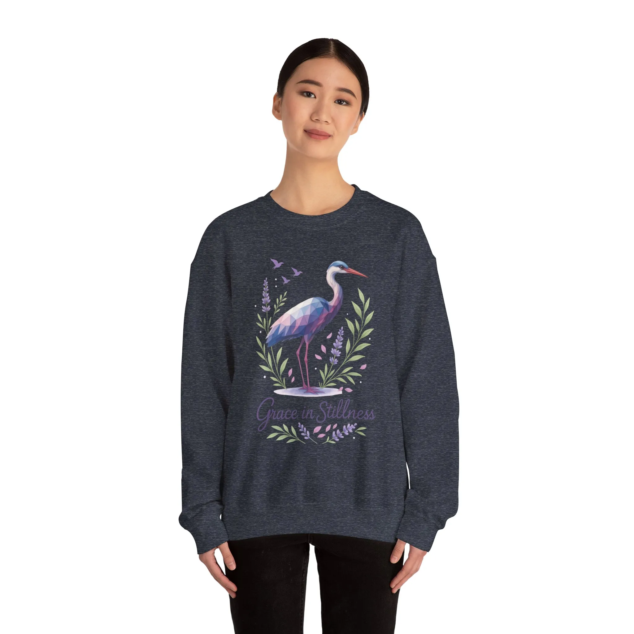 Polygonal Heron Graphic Sweatshirt, Women's Artistic Bird Crewneck, Nature-Inspired Minimalist Design, Geometric Crane, Bird Lovers Gift - Image 17