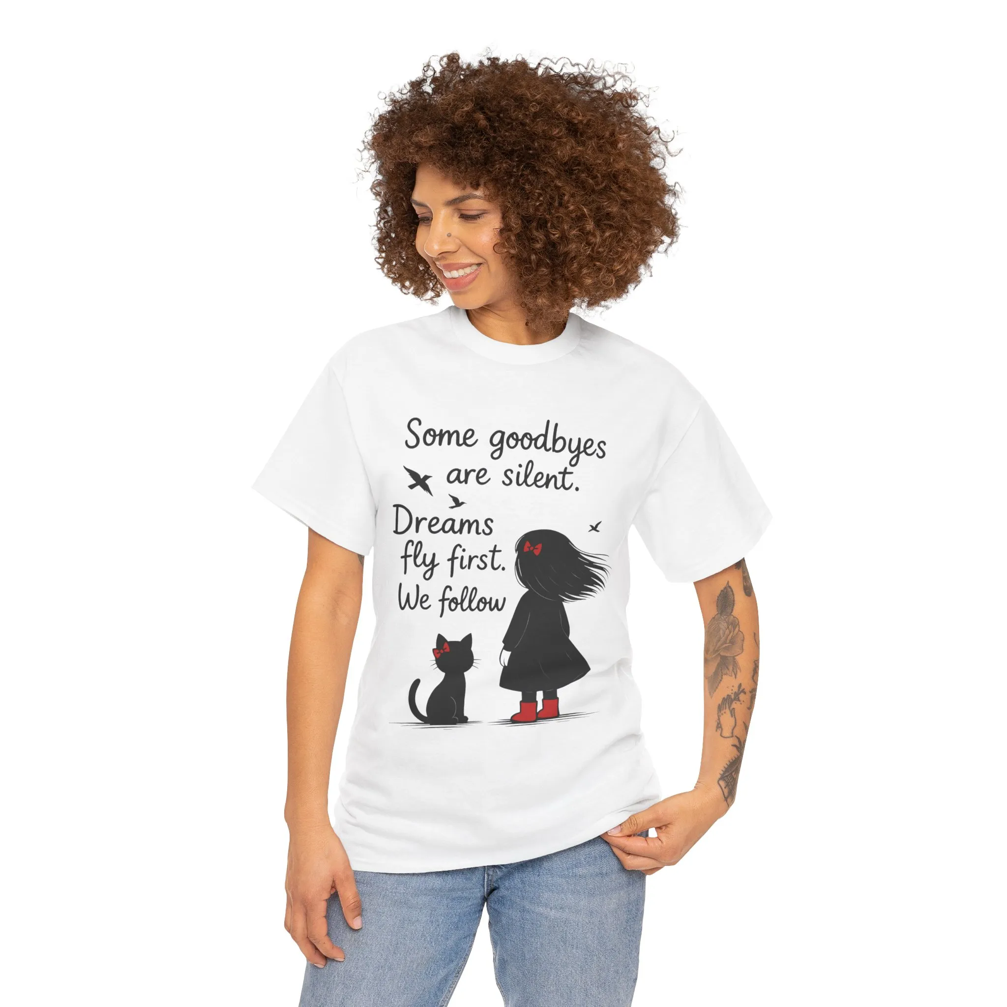Emotional Hand Drawn Womens T-Shirt, Minimalist Red Dress Girl and Cat Graphic Tee, Cat Lover Gift - Image 29