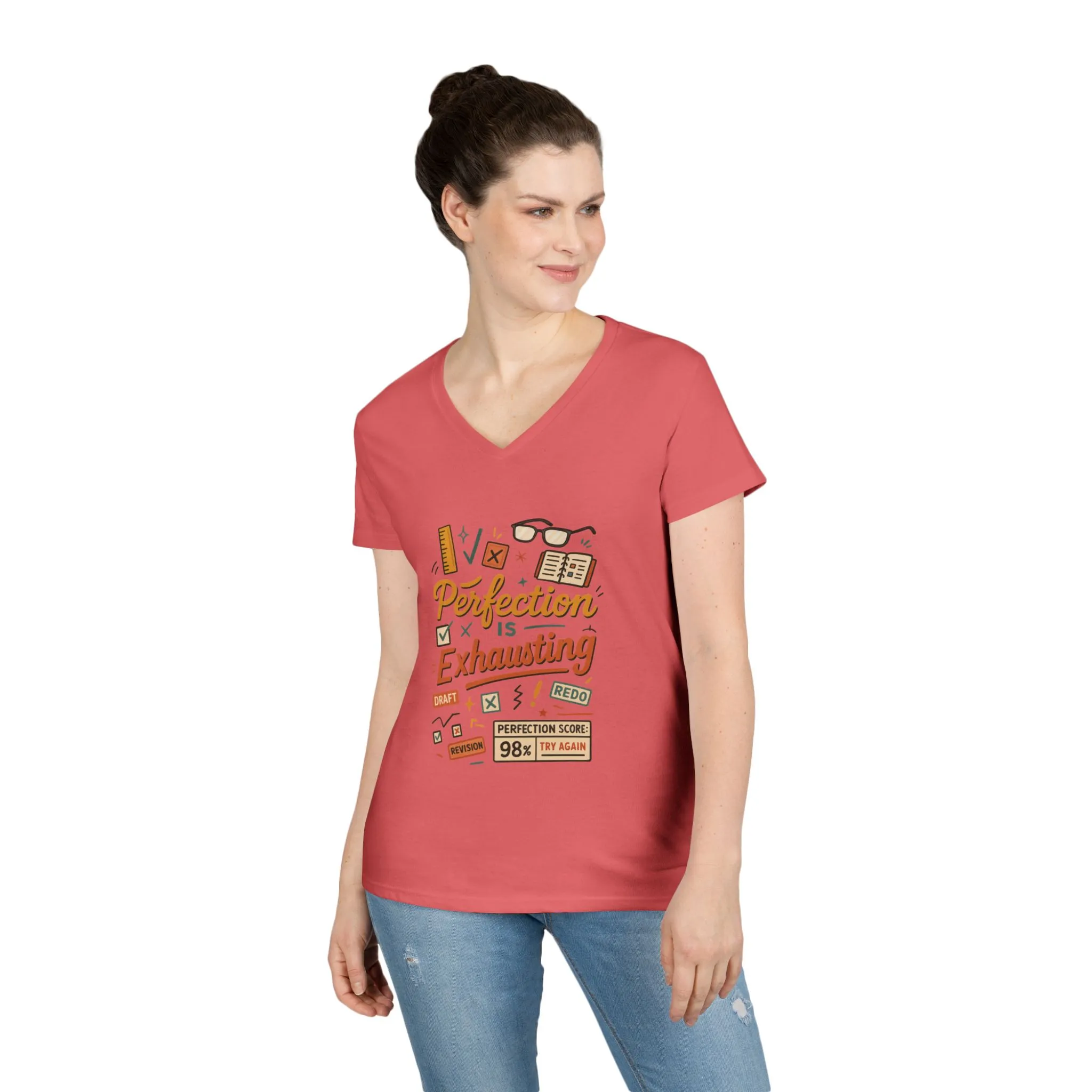 V-Neck T-Shirt "Perfection is Exhausting", Casual Tee for Perfectionists, Gift for Graduates, Motivational Apparel, Study Wear, Work from - Image 27