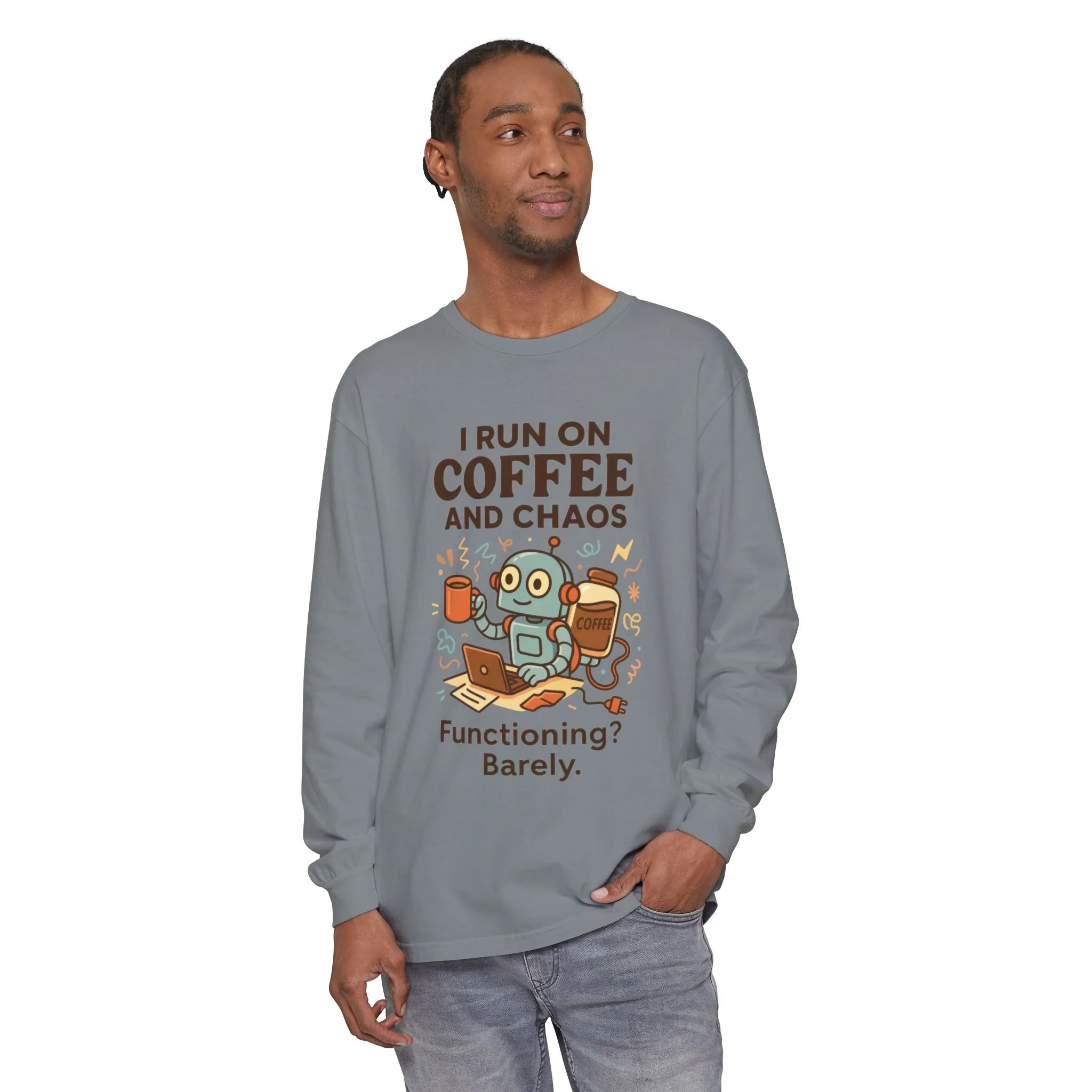 Coffee Chaos Long Sleeve Tee, Funny T-Shirt, Quirky Gift for Coffee Lovers, Unisex Top for Busy Lives, Work from Home Humor Tee - Image 17