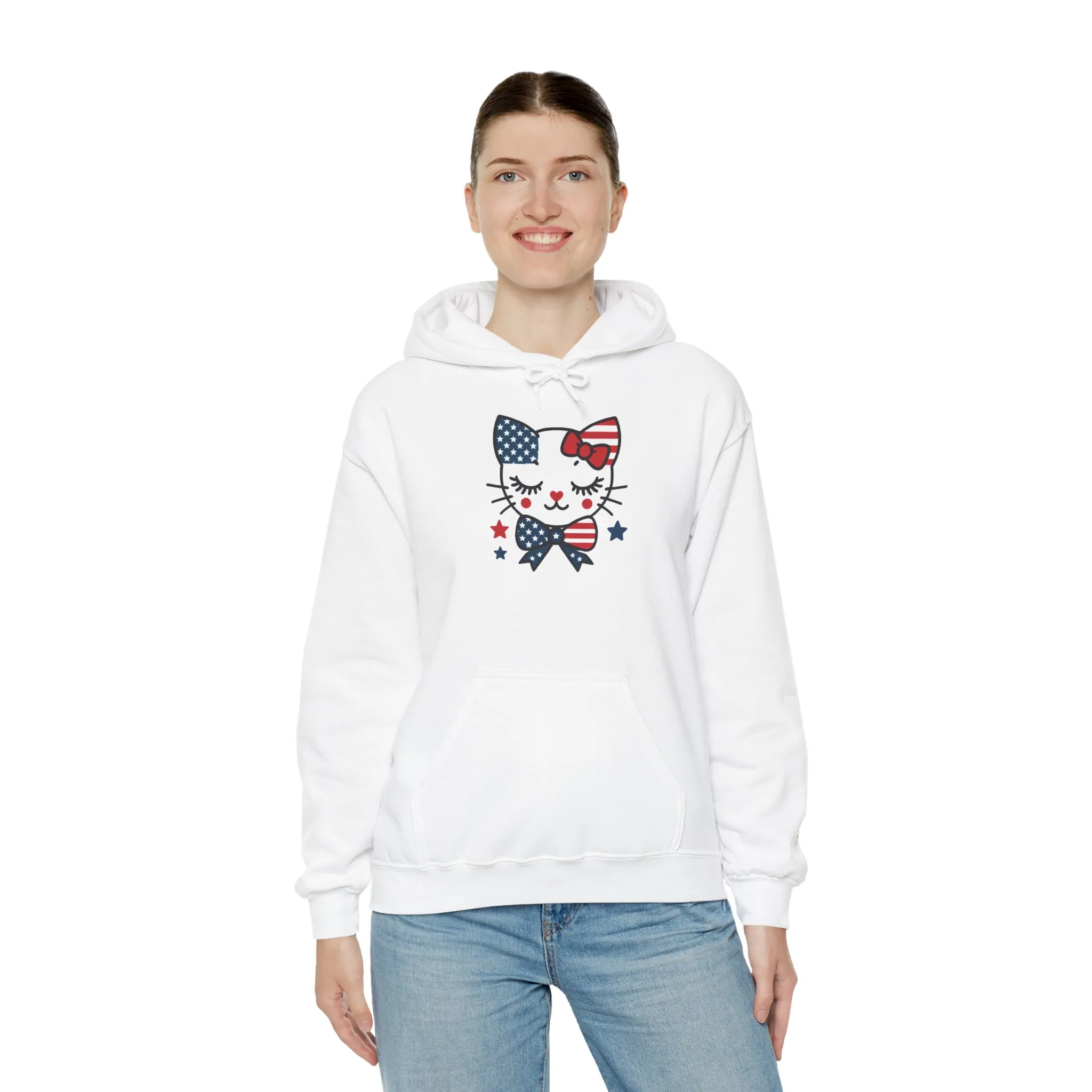 Cute Cat Patriot Womens Hoodie, Womens Heavy Blend Sweatshirt, Gift for Cat Lovers, 4th of July Apparel, Perfect for Independence Day - Image 6