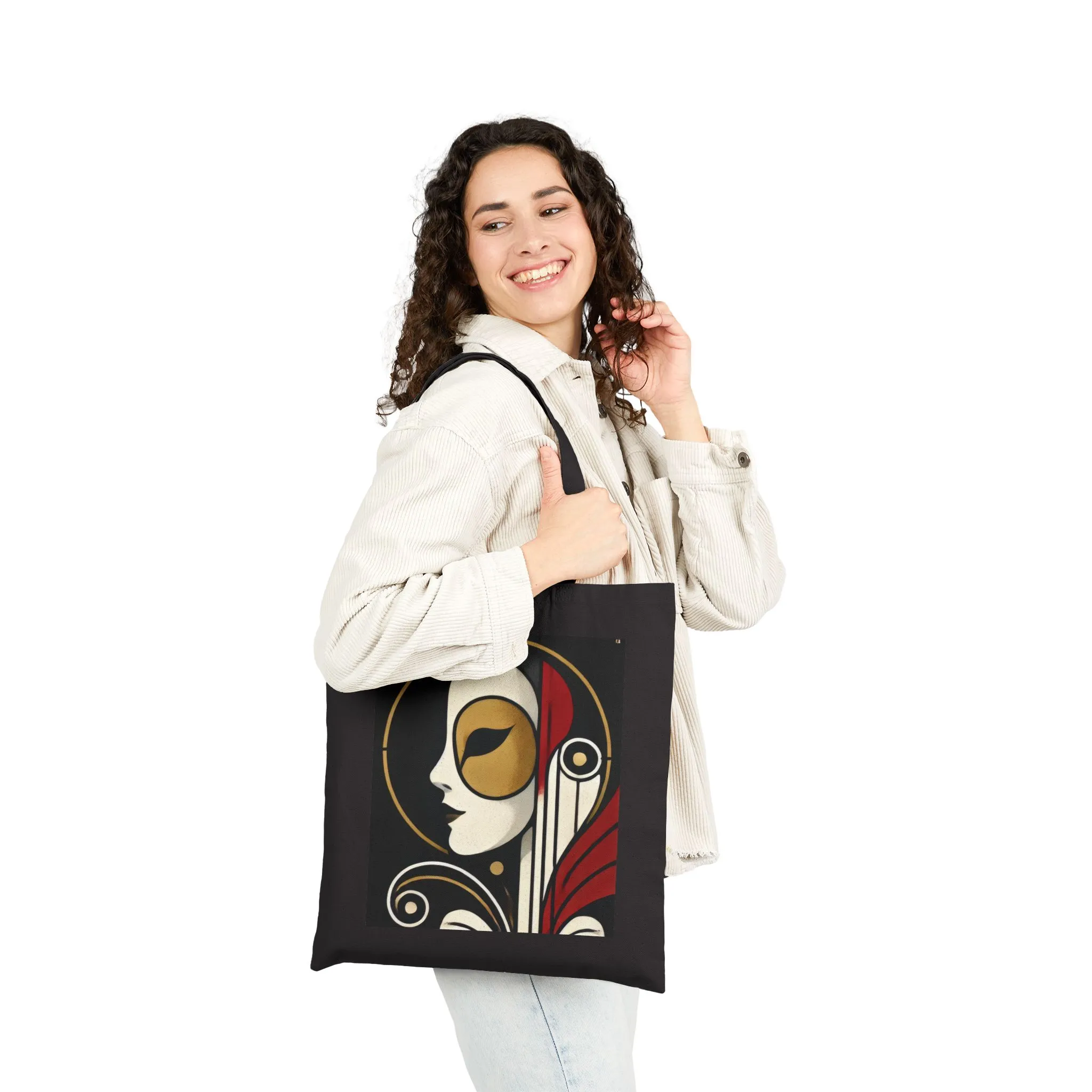 Art Deco Woman Tote Bag, Elegant Geometric Face Design, Modern Vintage Style Canvas Bag for Art Lovers, Artistic Cotton Canvas Tote Bag - Image 3