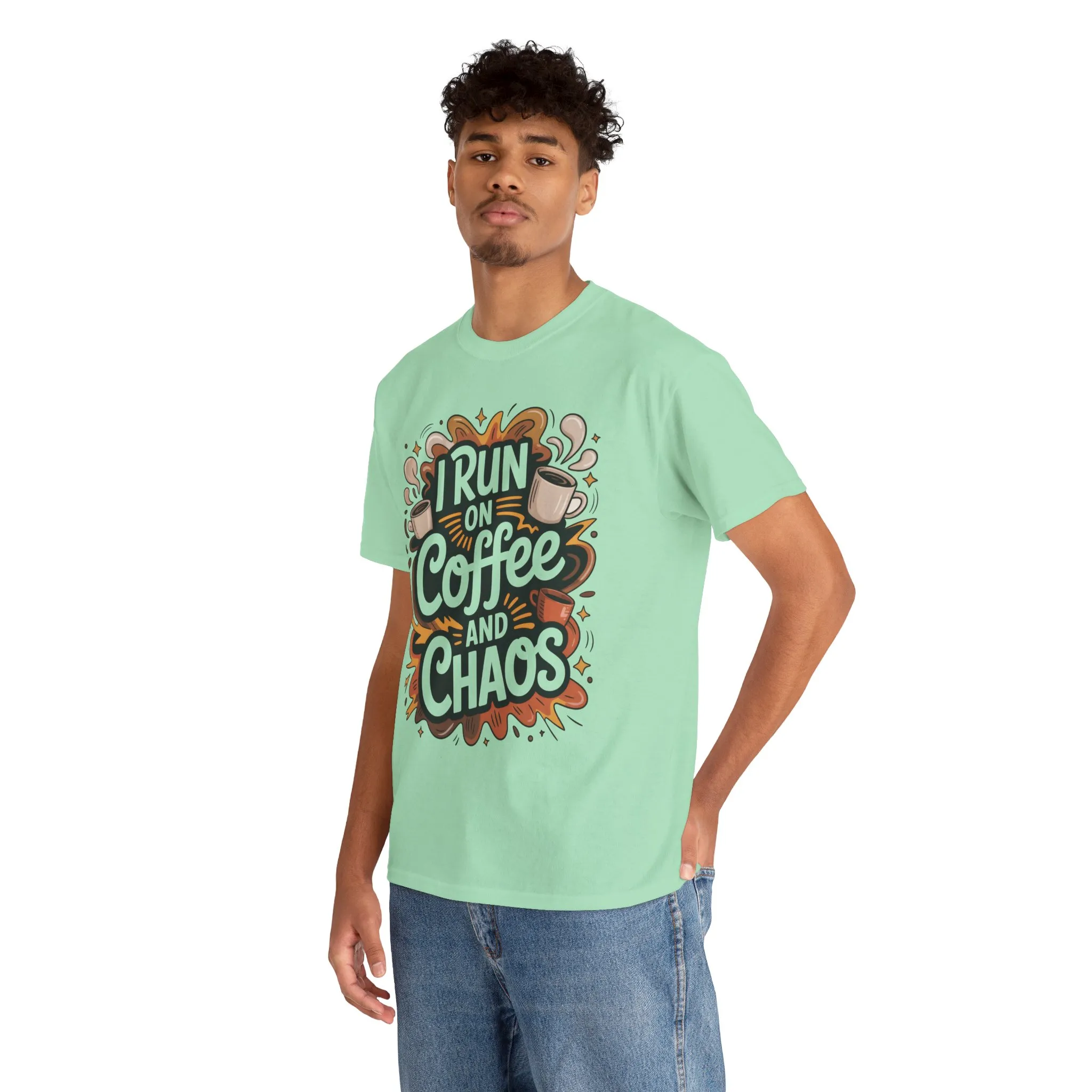 Funny Mens Coffee T-Shirt, I Run on Coffee and Chaos, Caffeinated Chaos Tee for Him, Perfect for Coffee Lovers, , Humor Tee - Image 15