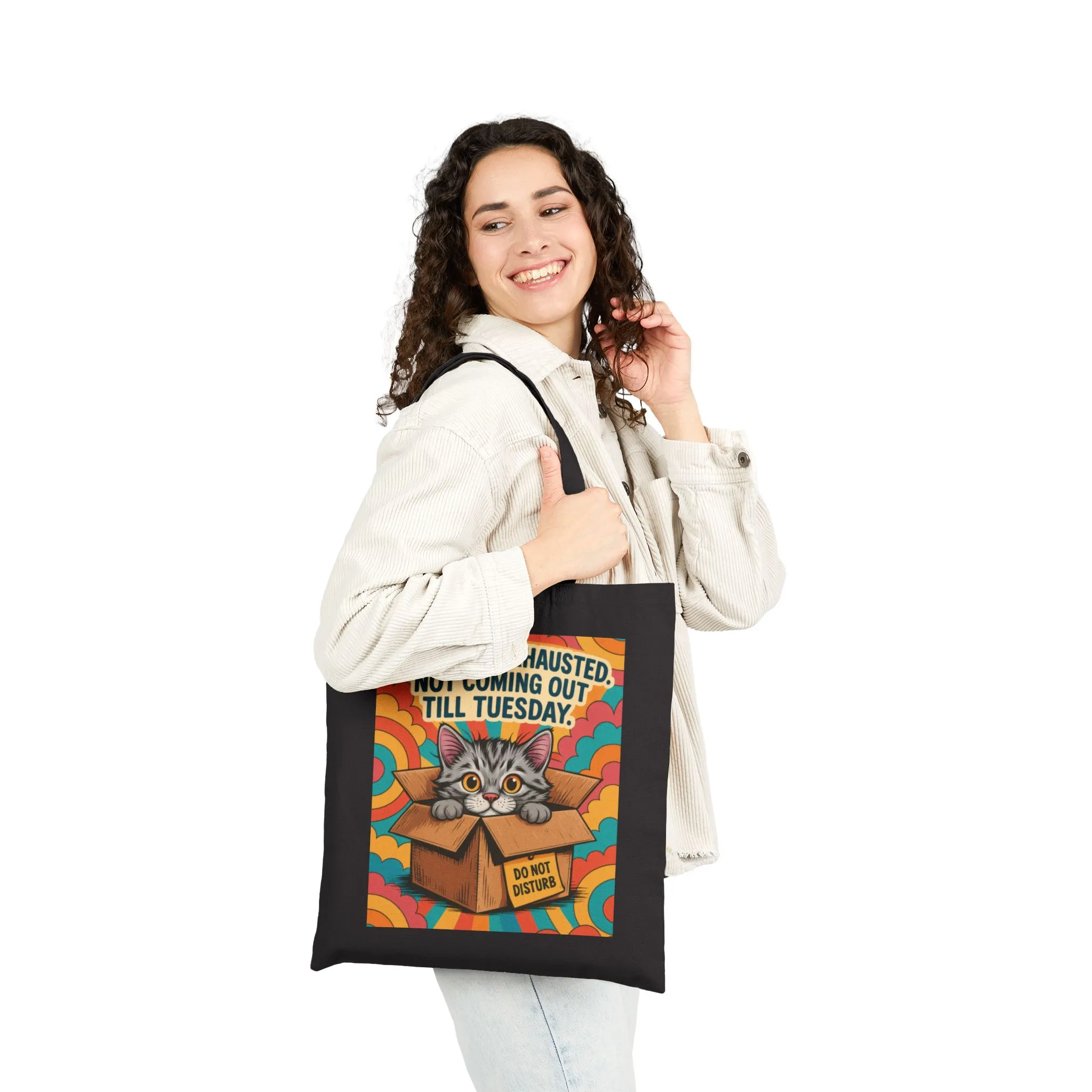Socially Exhausted Cat Tote Bag, Funny Retro Cat in Box Canvas Bag, Do Not Disturb Comic Bag, Gift for Cat Lovers, Weekend Vibes - Image 3