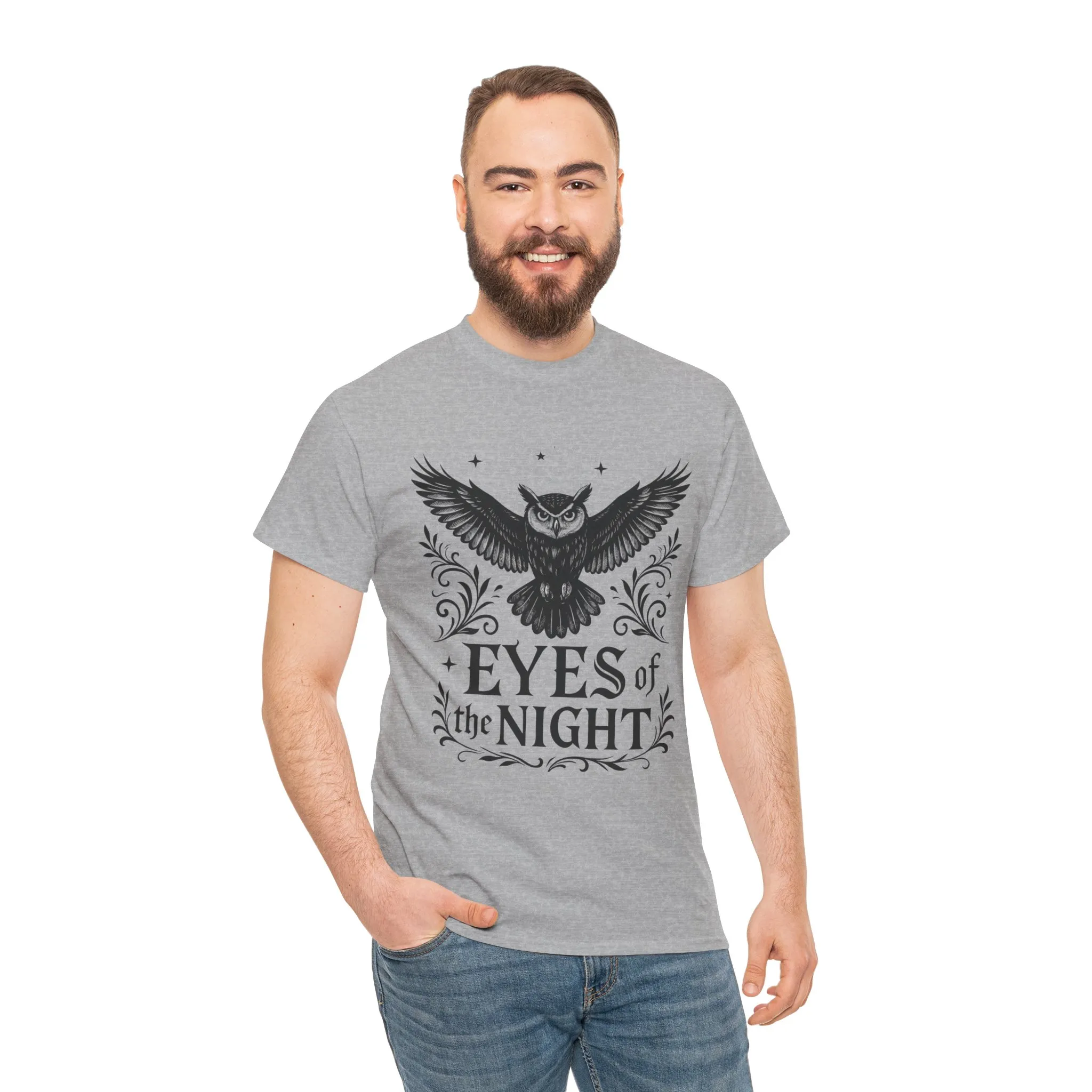 Cool Owl Graphic Unisex Heavy Cotton Tee, Flying Owl Art T-Shirt, Animal Print Tee, Gothic Bird Graphic Tee, Mens Gothic Style Shirt - Image 8