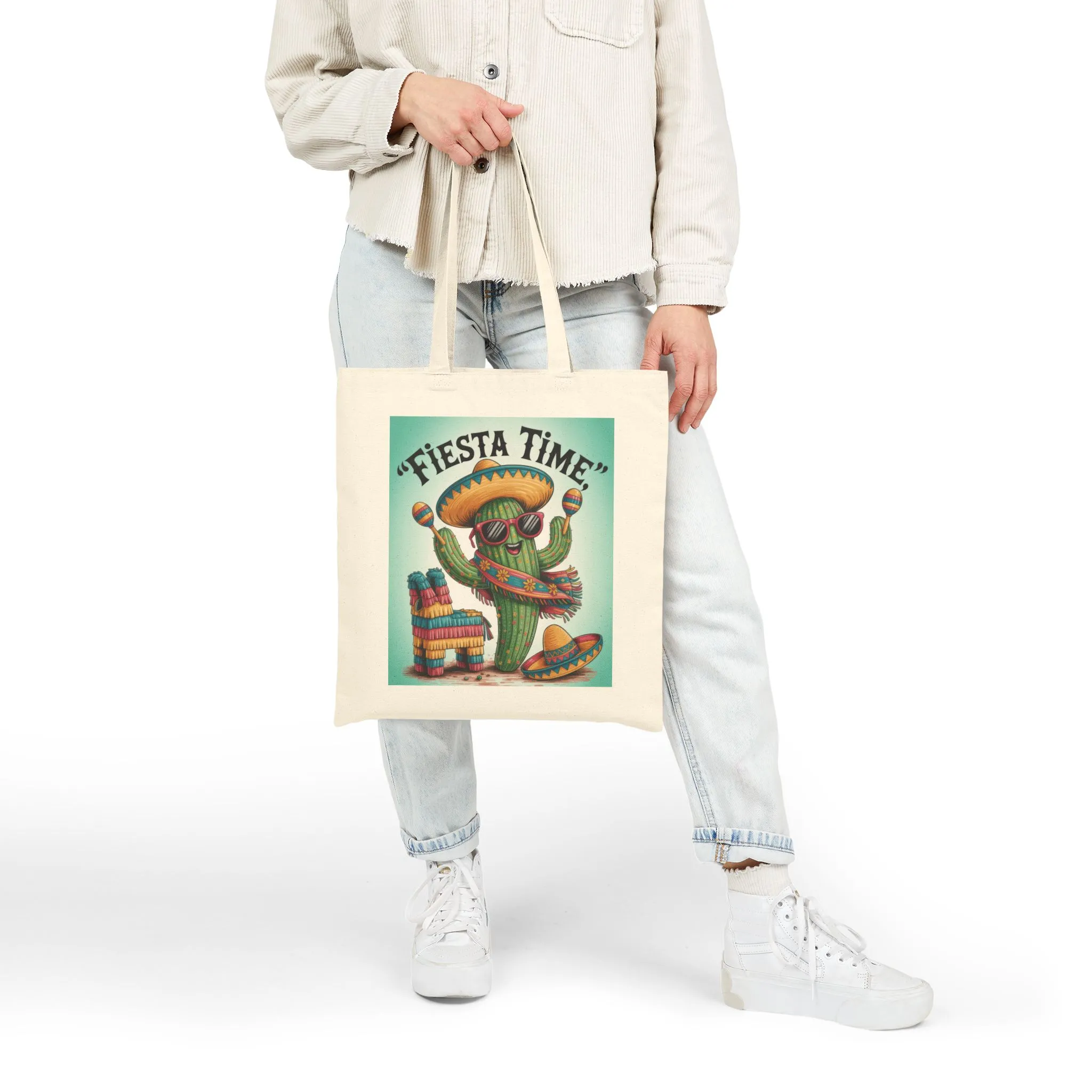 Fiesta Time Cactus Tote Bag, Colorful Funny Sombrero Maracas Piñata Mexican Party Gift Bag, Summer Vibes Canvas Bag