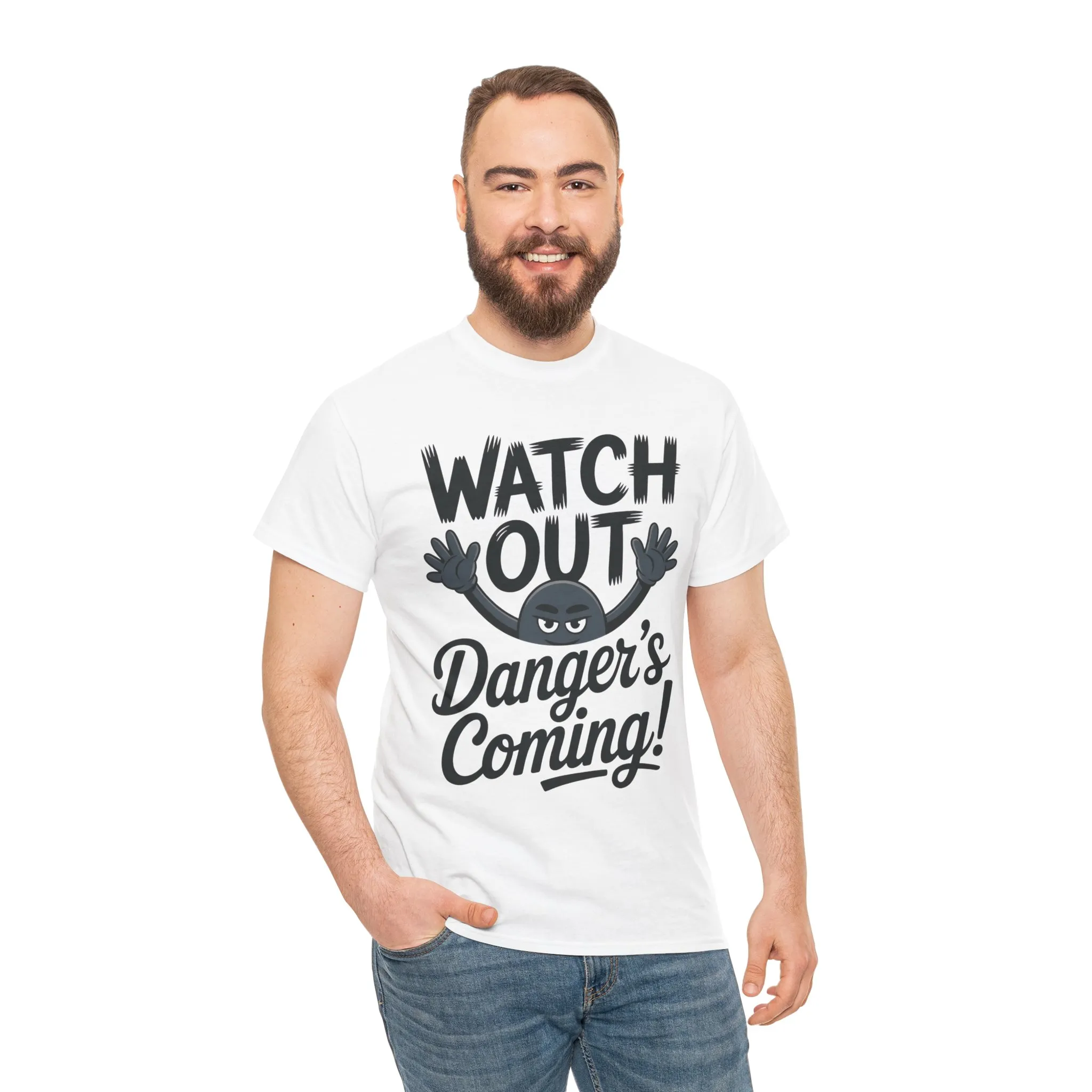 Funny "Watch Out" Cartoon Character T-Shirt, Sketch Style Unisex Heavy Cotton Tee, Minimalist Humorous Graphic Tee, Gift for Him/Her - Image 7