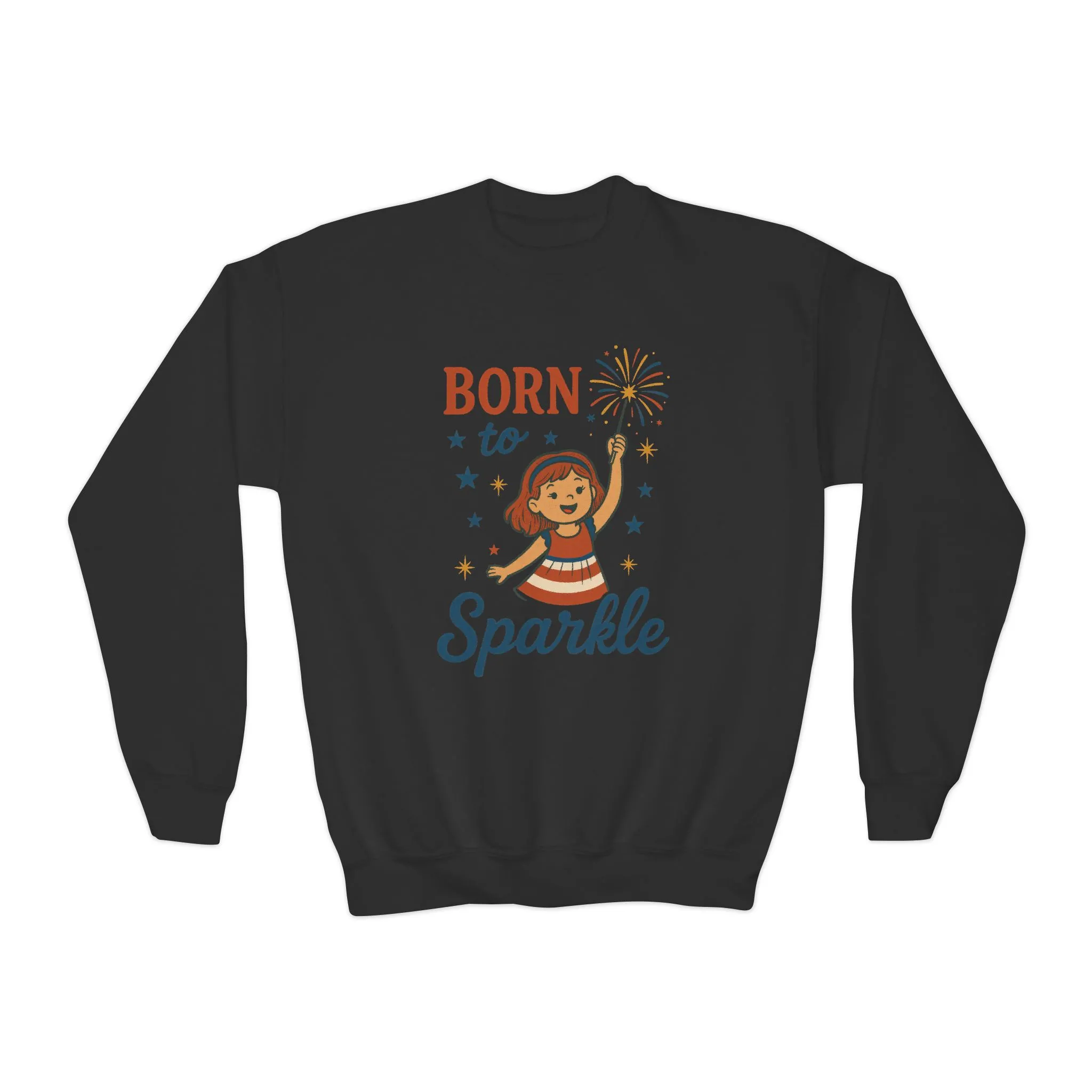 4th of July Youth Crewneck Sweatshirt, Born to Sparkle Tee, Patriotic Fireworks Toddler Crewneck, Independence Day Outfit for Tween Girls - Image 5