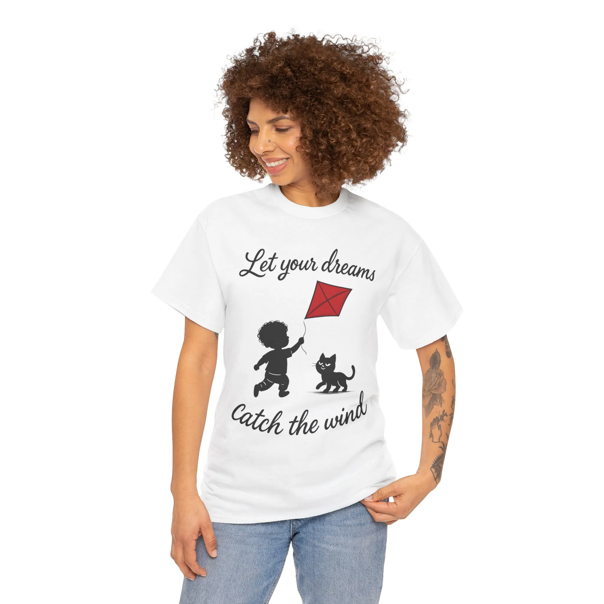 Cute Kid and Cat Design T-Shirt, Playful Gift for Cat Lovers, Summer Style, Cat Lover T-Shirt, Gift for Cat Owners, Women's Cotton T-Shirt - Image 5