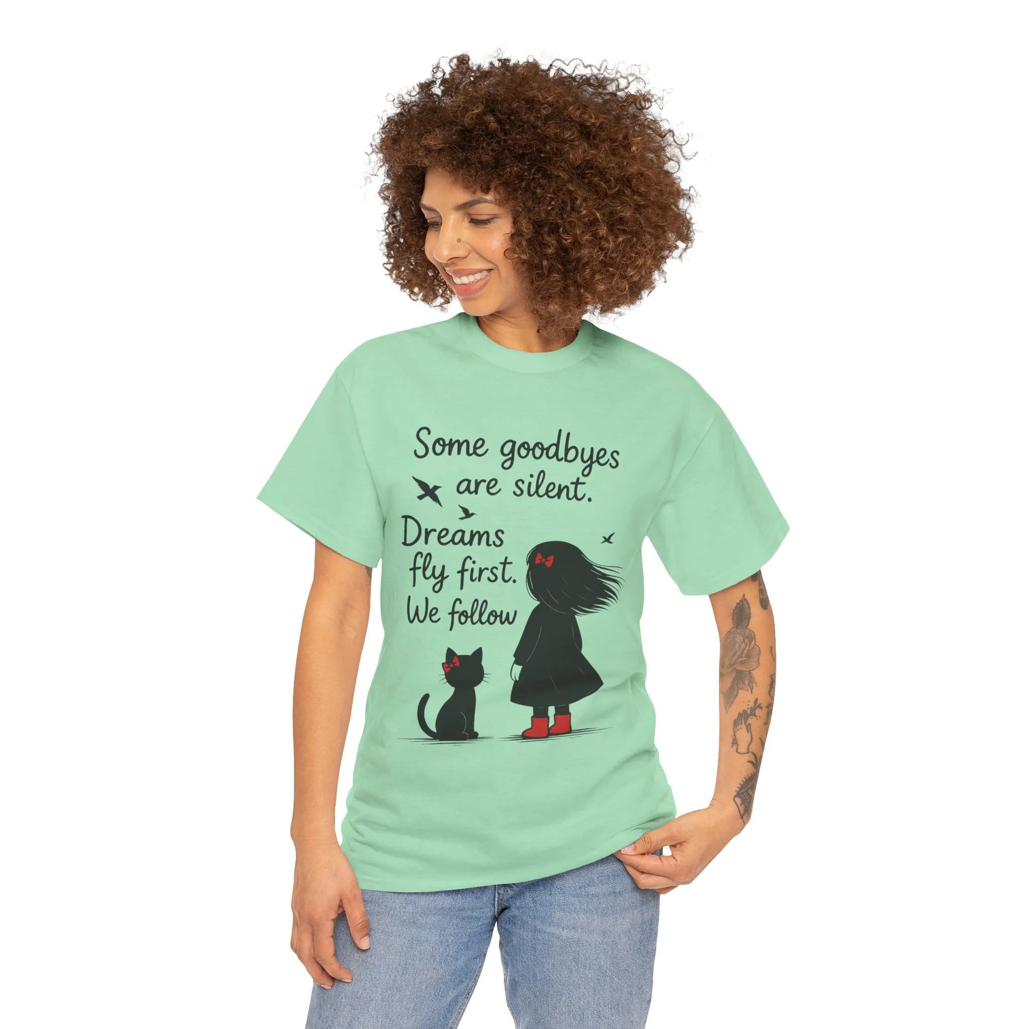 Emotional Hand Drawn Womens T-Shirt, Minimalist Red Dress Girl and Cat Graphic Tee, Cat Lover Gift - Image 8